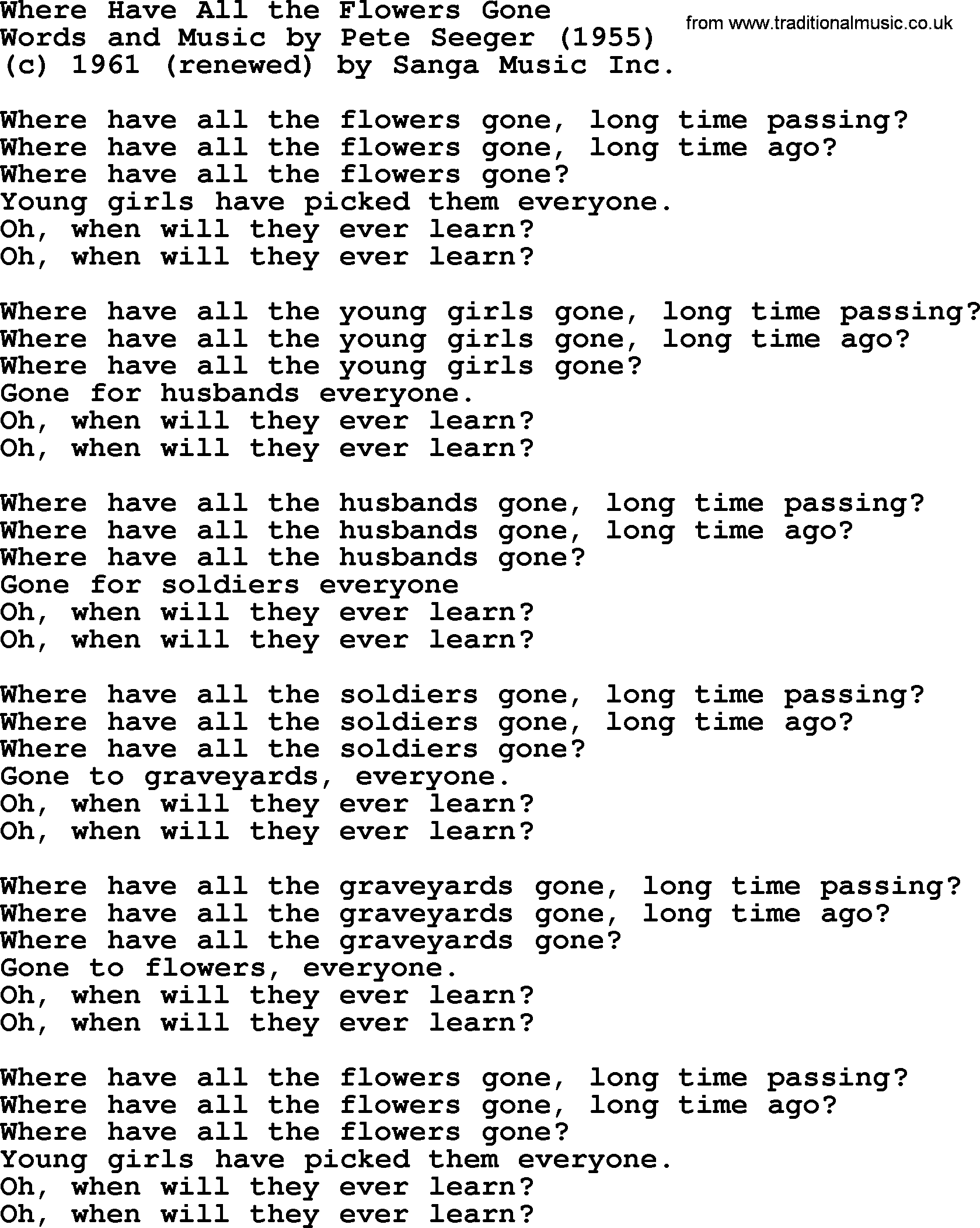 Pete Seeger song Where Have All the Flowers Gone-Pete-Seeger.txt lyrics
