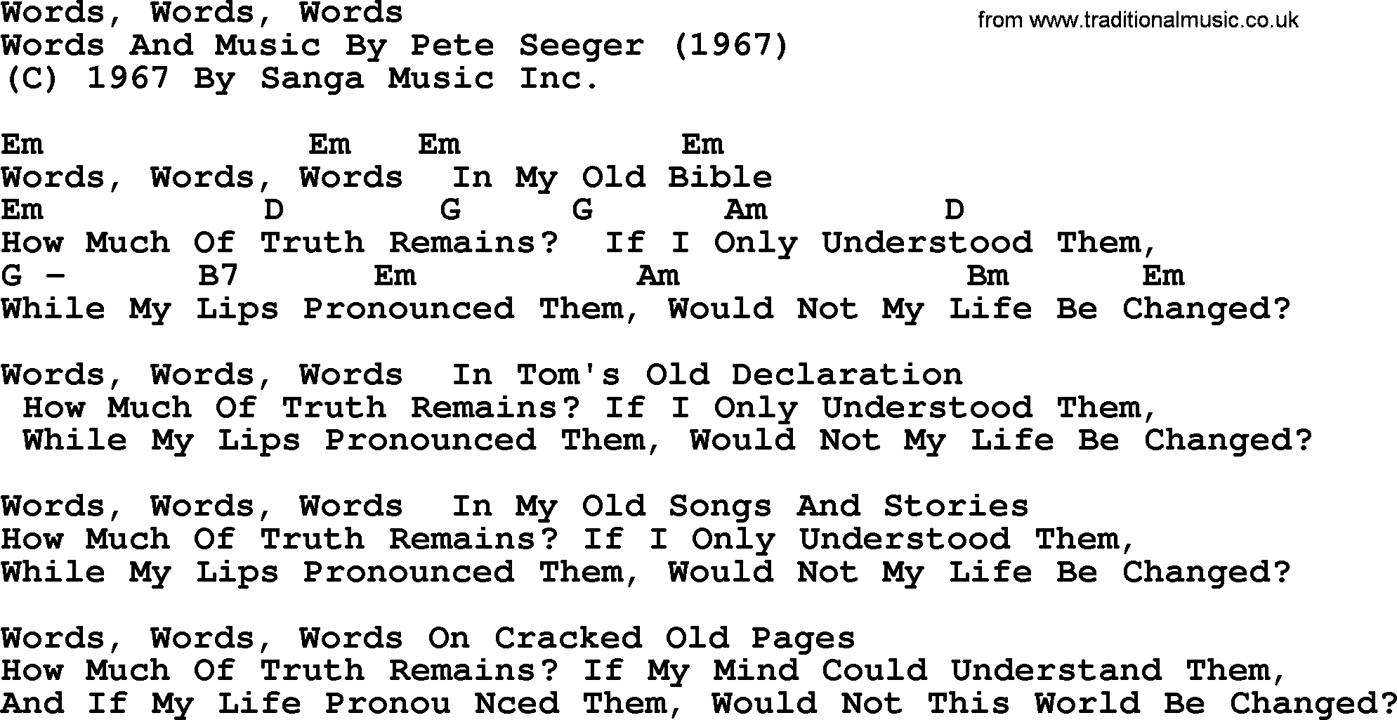 Pete Seeger song Words Words Words, lyrics and chords