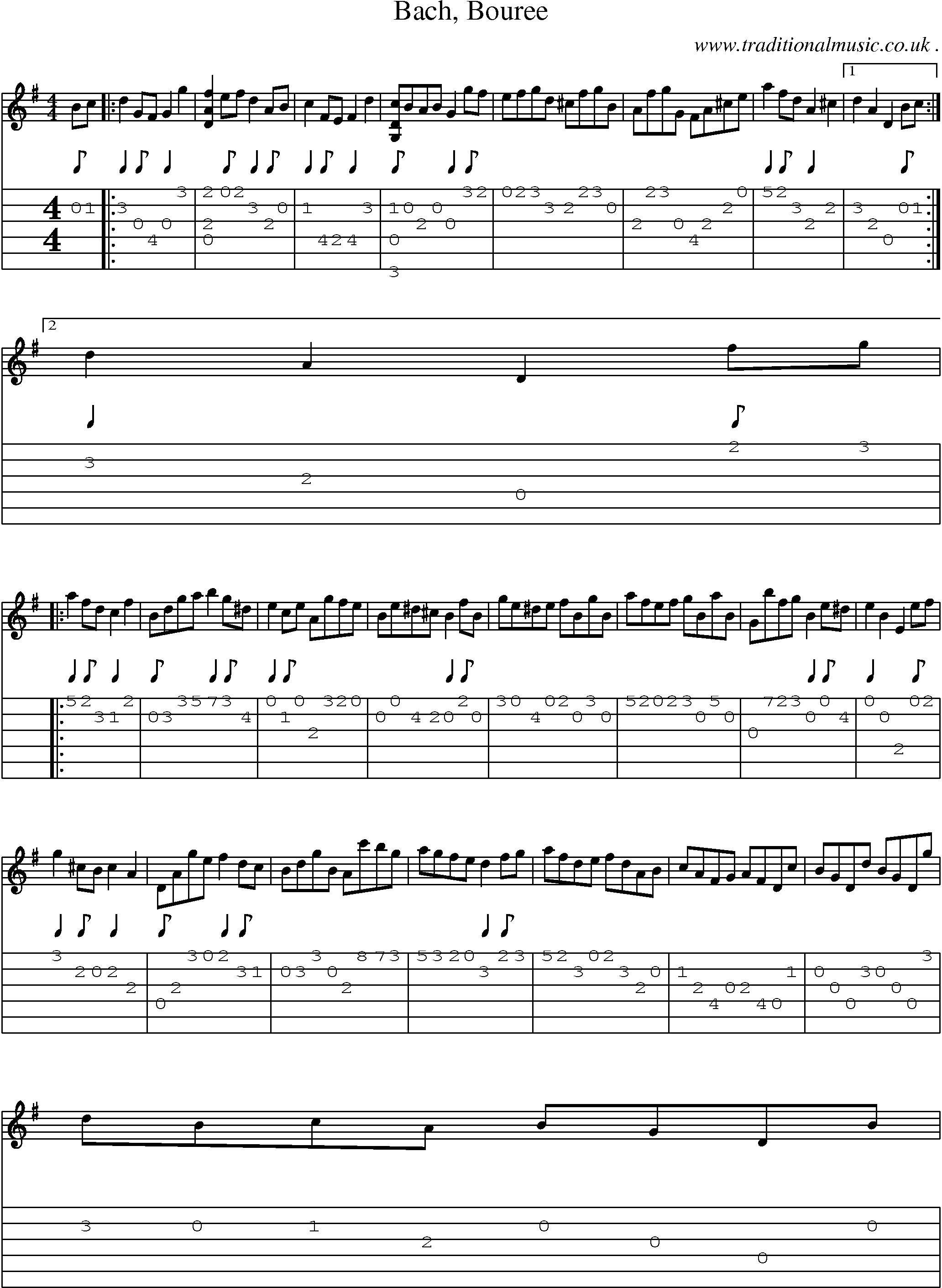 Music Score and Guitar Tabs for Bach Bouree