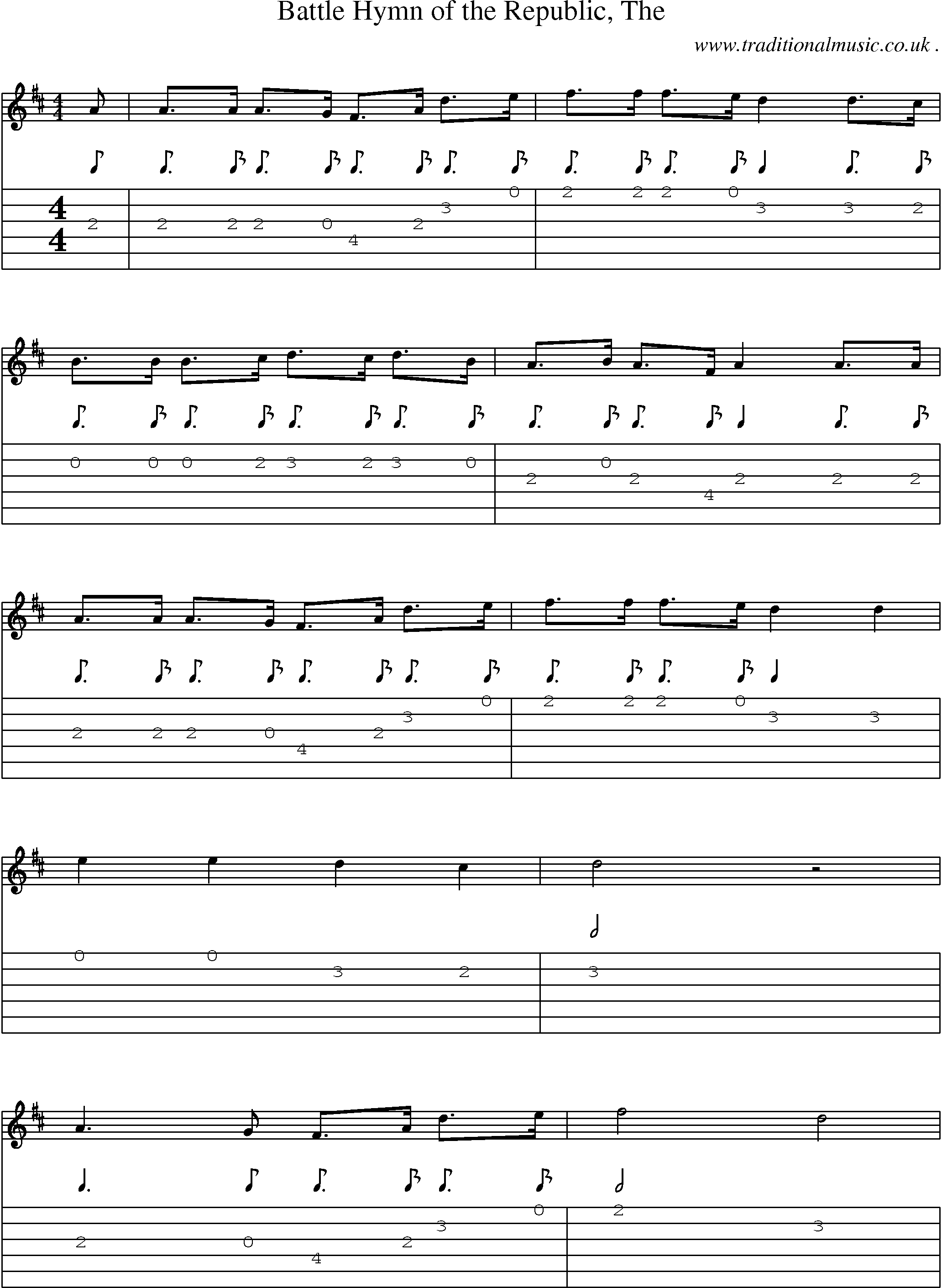 Music Score and Guitar Tabs for Battle Hymn Of The Republic The