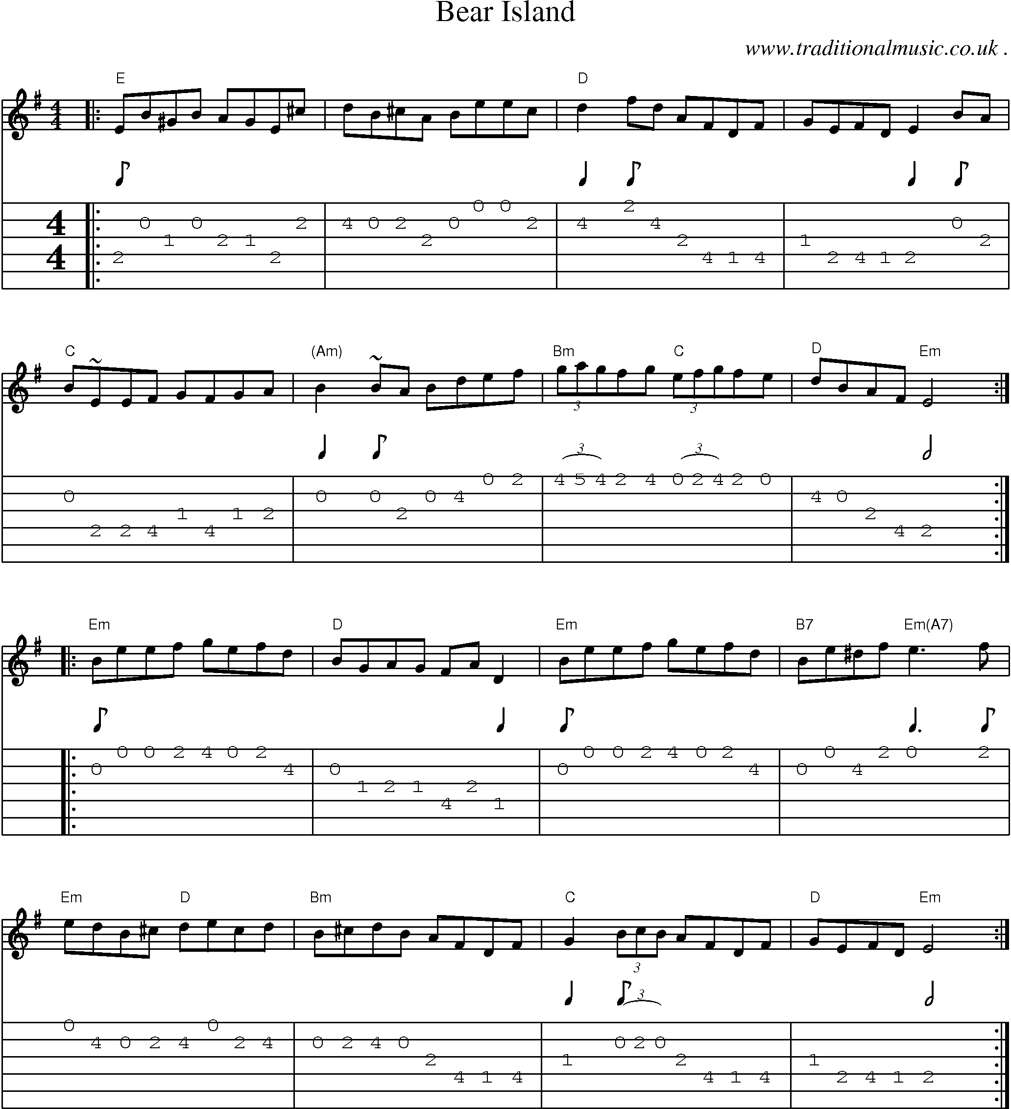 Music Score and Guitar Tabs for Bear Island
