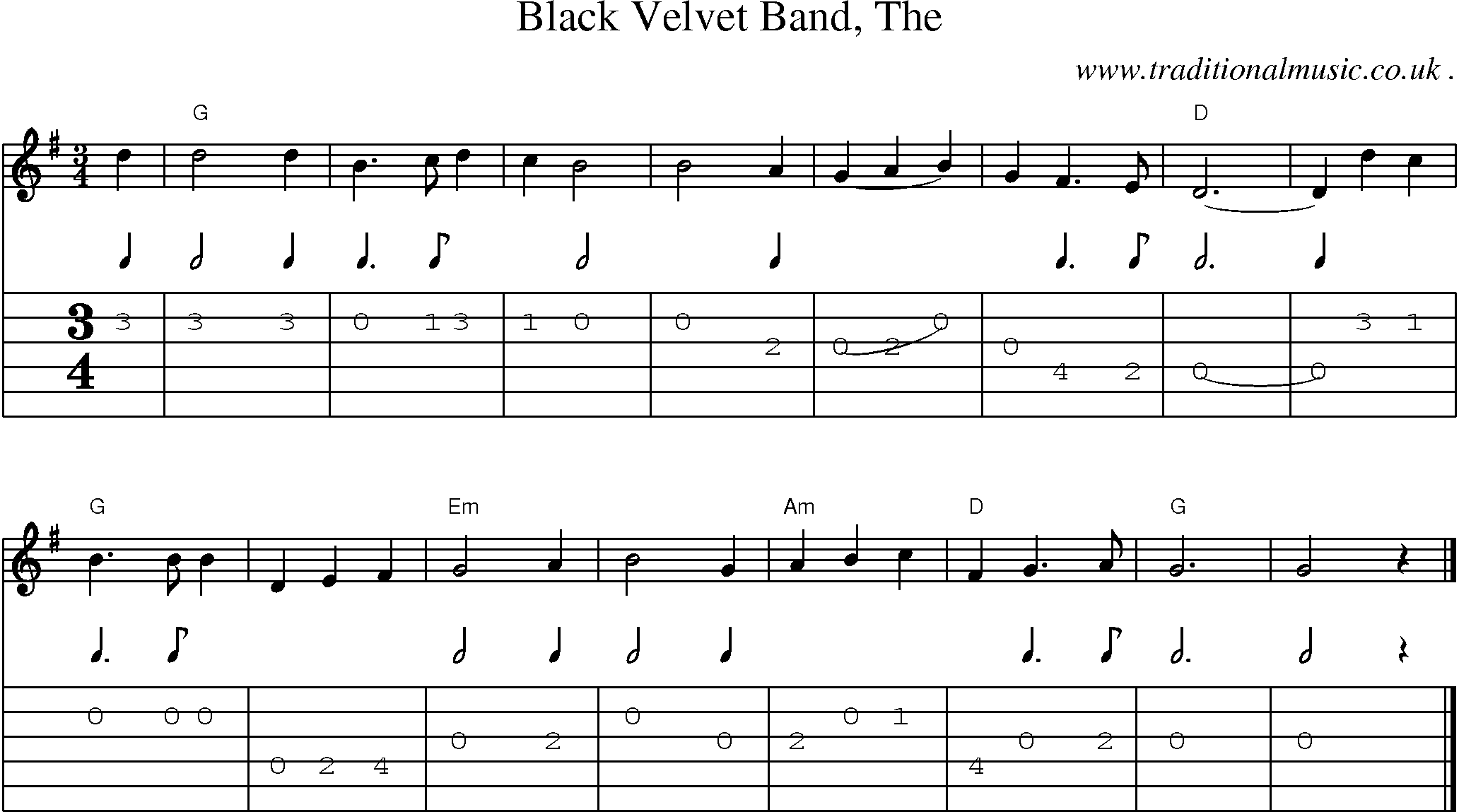 Music Score and Guitar Tabs for Black Velvet Band The