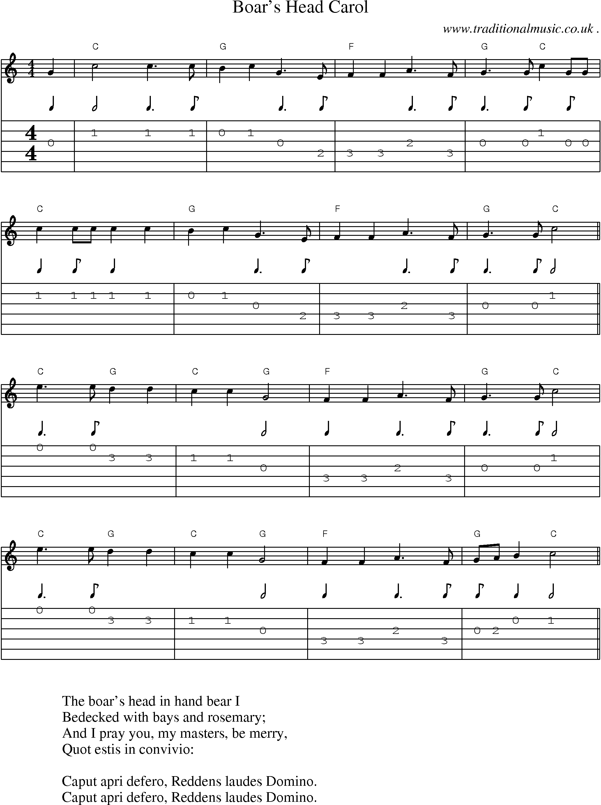 Music Score and Guitar Tabs for Boars Head Carol