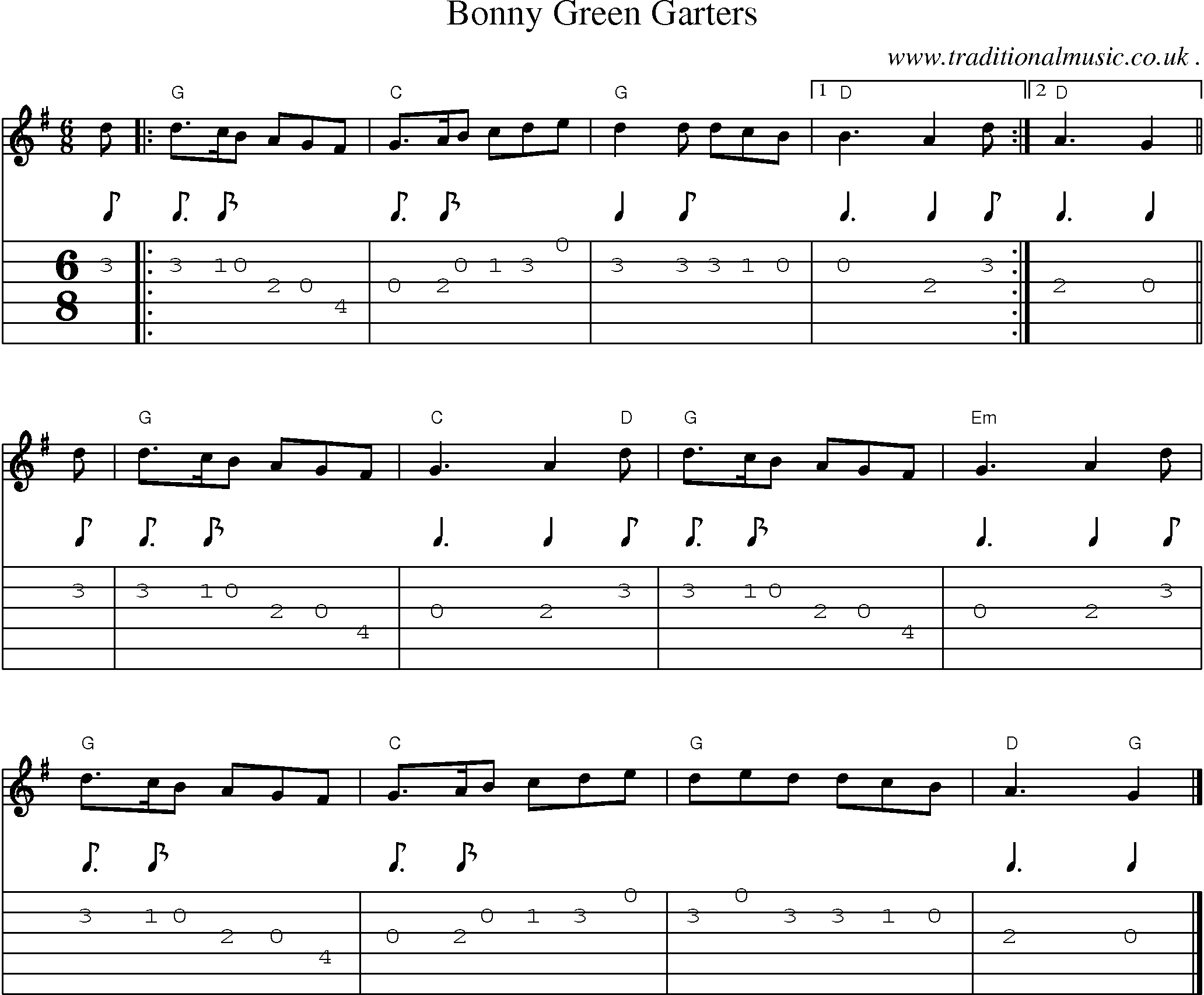 Music Score and Guitar Tabs for Bonny Green Garters