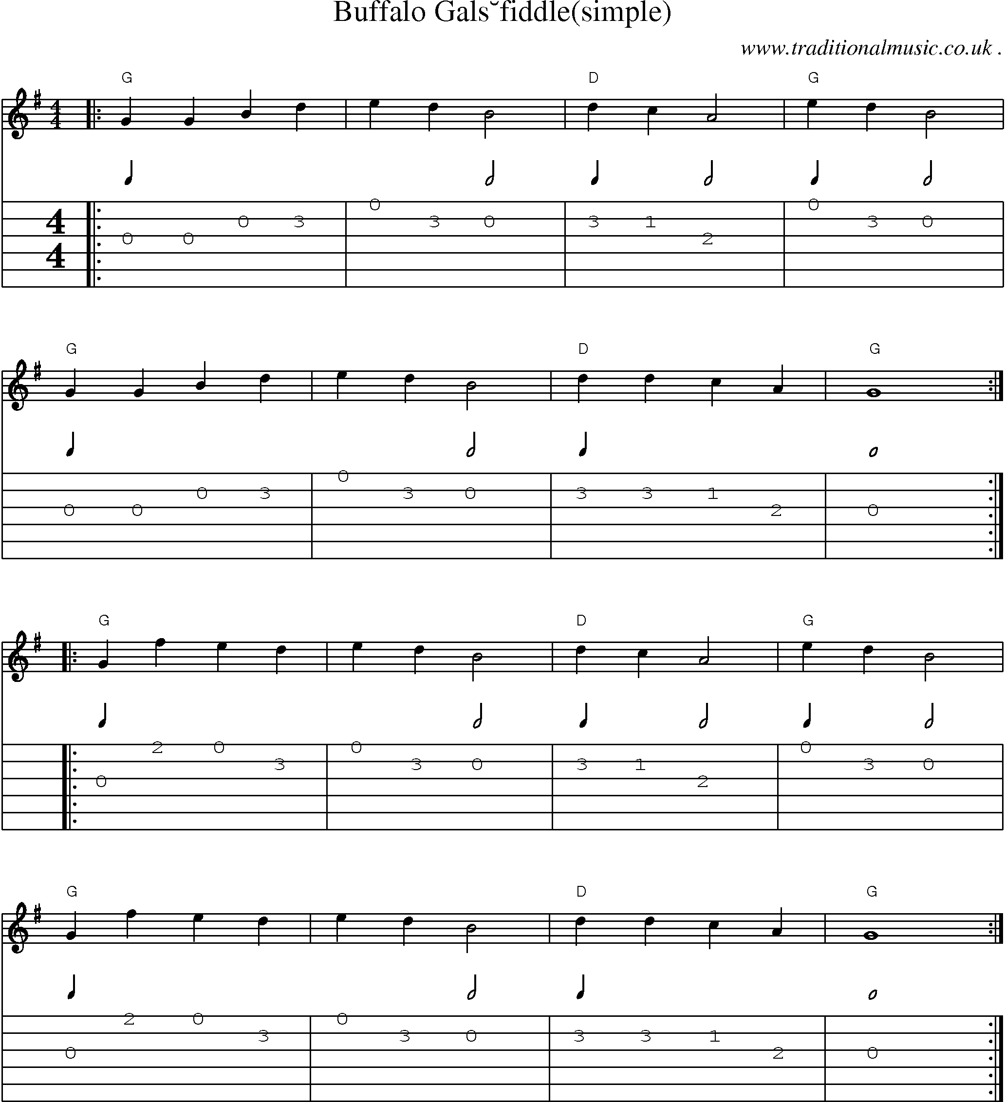 Music Score and Guitar Tabs for Buffalo Gals fiddle si