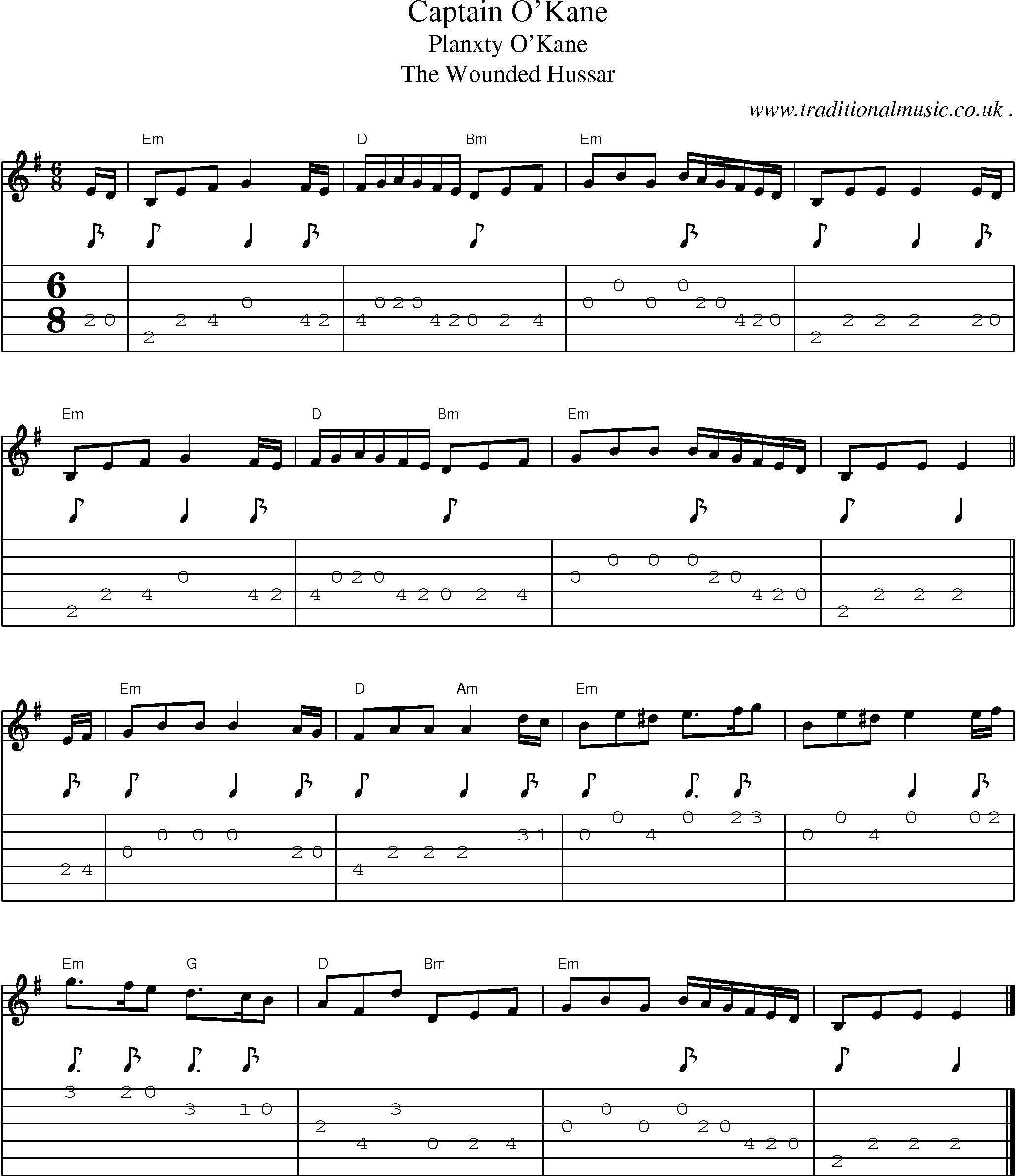 Music Score and Guitar Tabs for Captain OKane