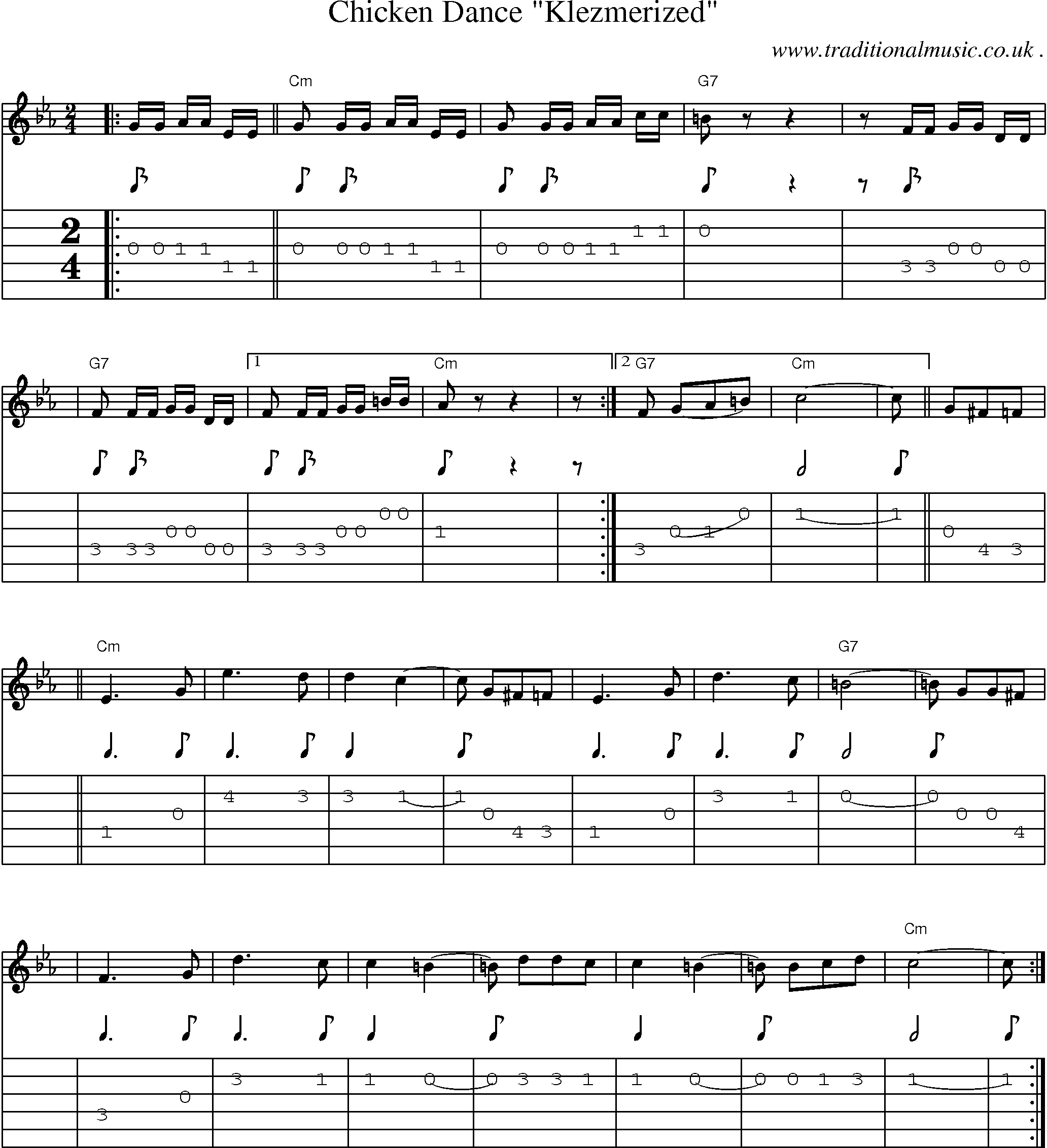 Music Score and Guitar Tabs for Chicken Dance Klezmerized