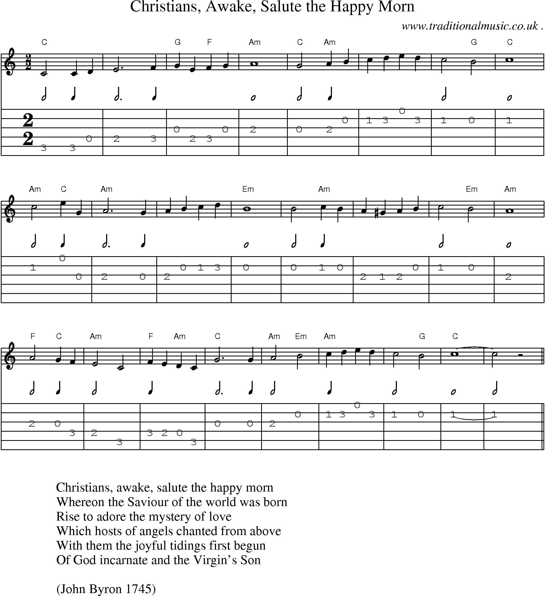 Music Score and Guitar Tabs for Christians Awake Salute the Happy Morn