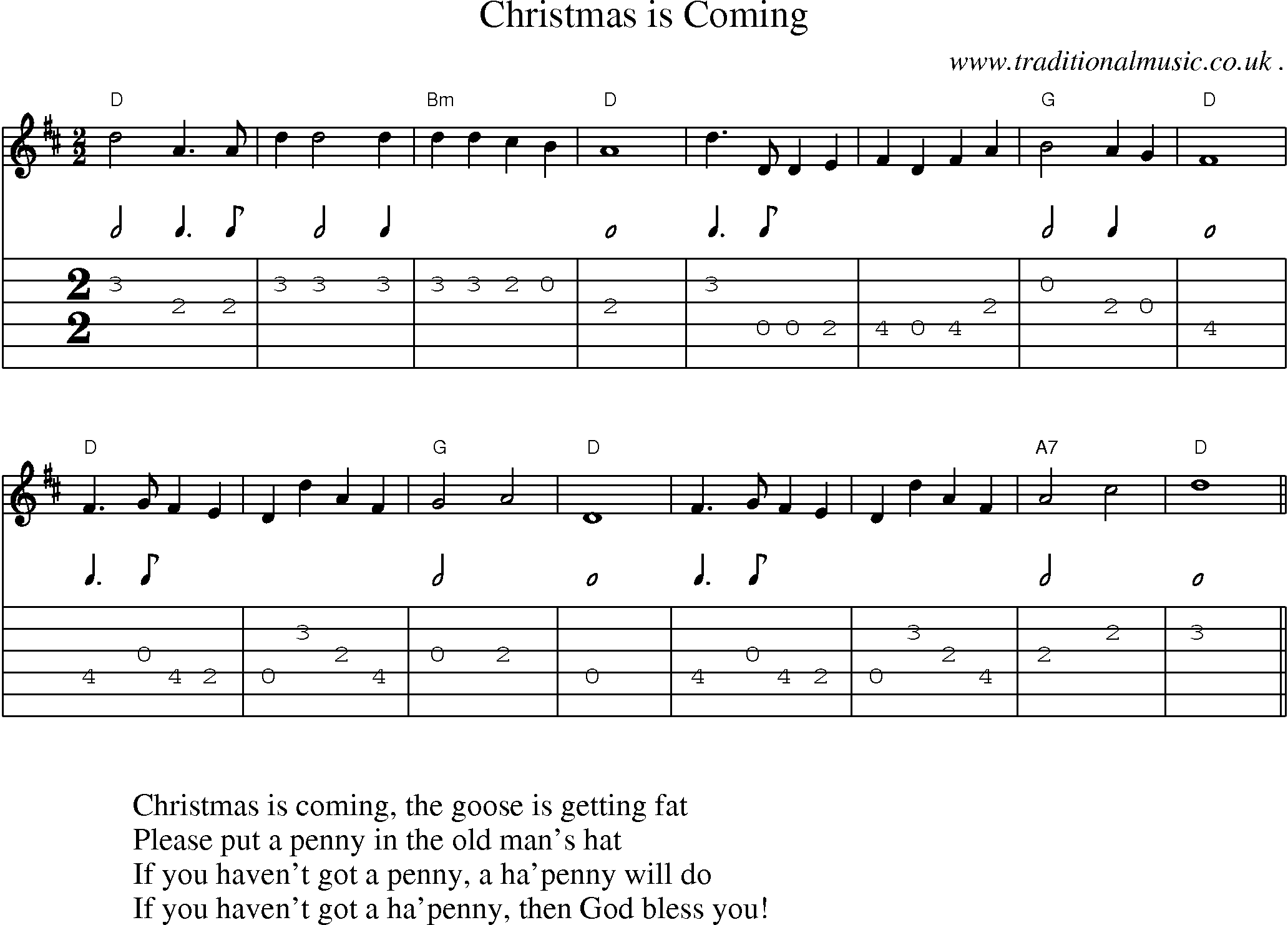 Music Score and Guitar Tabs for Christmas is Coming