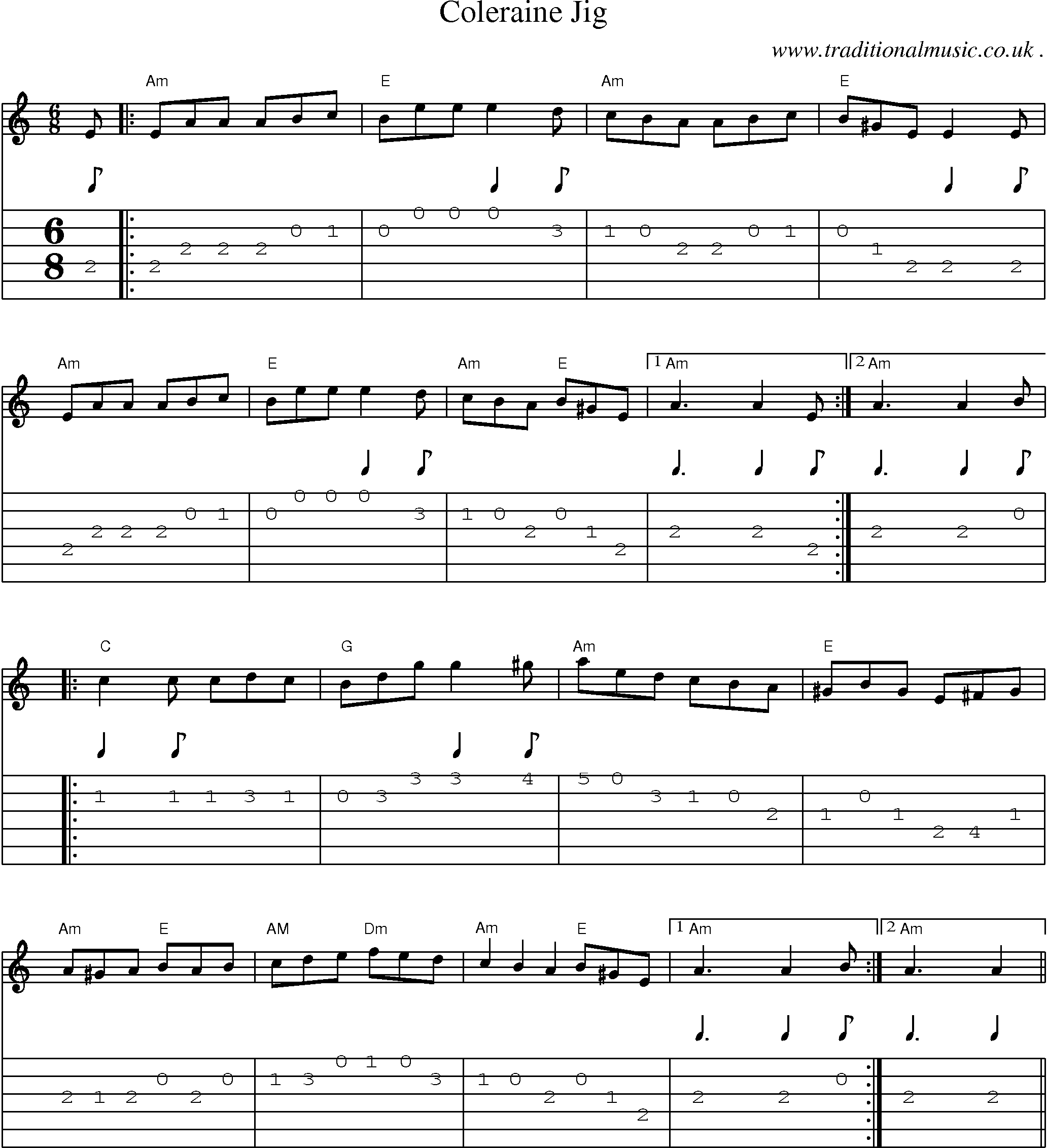 Music Score and Guitar Tabs for Coleraine Jig