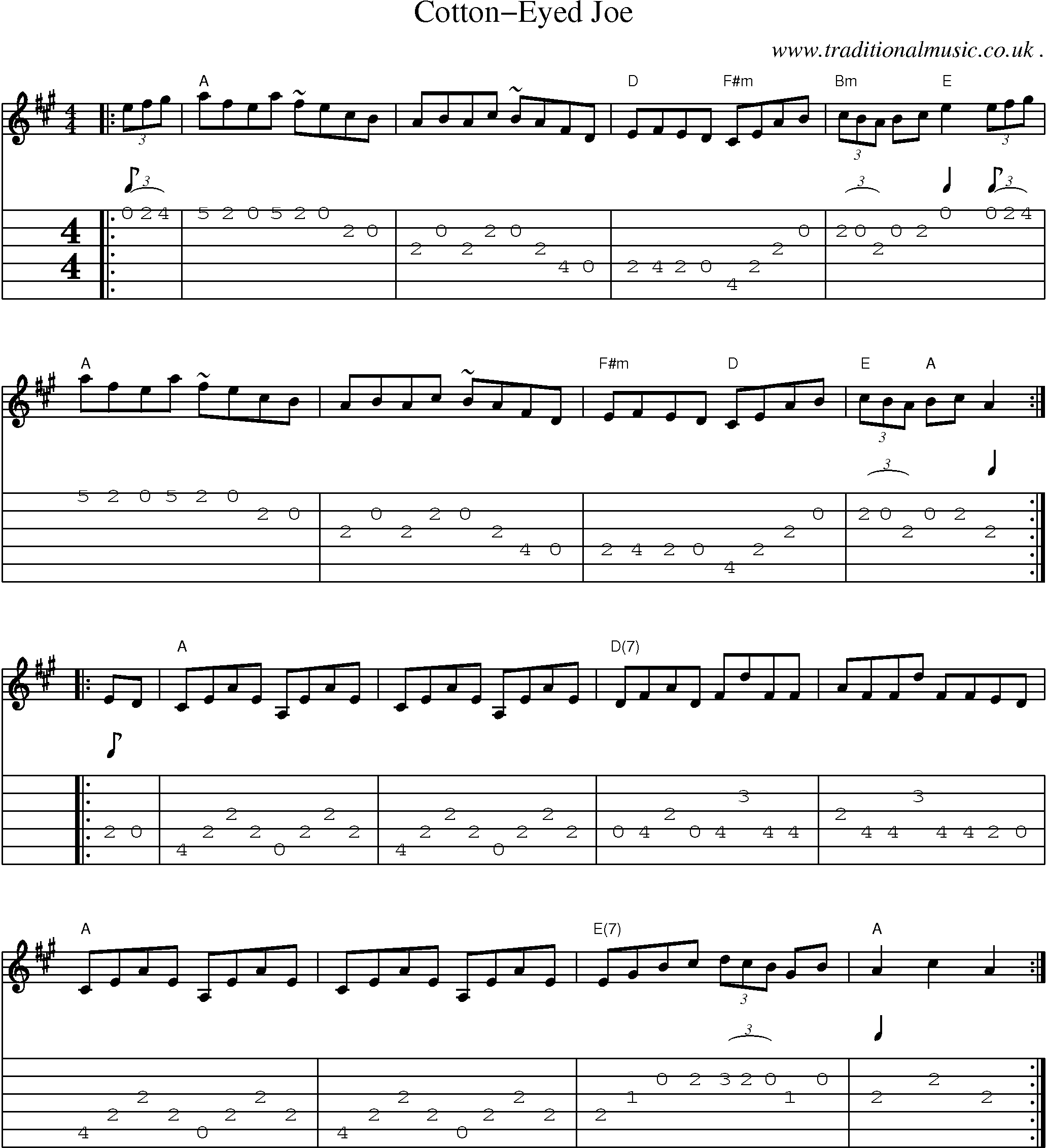Music Score and Guitar Tabs for Cotton-eyed Joe