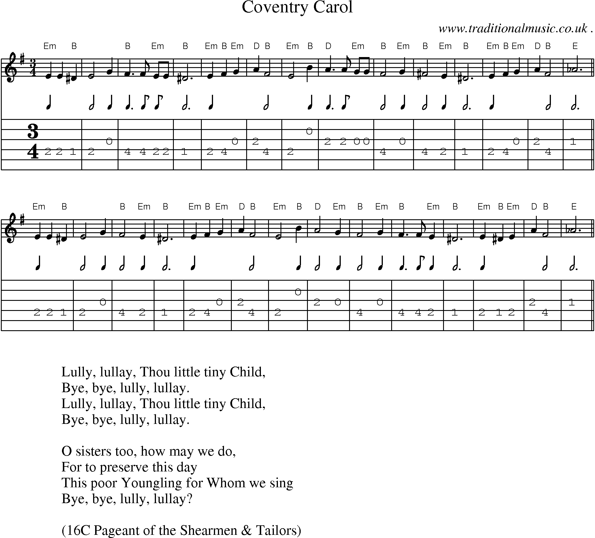 Music Score and Guitar Tabs for Coventry Carol