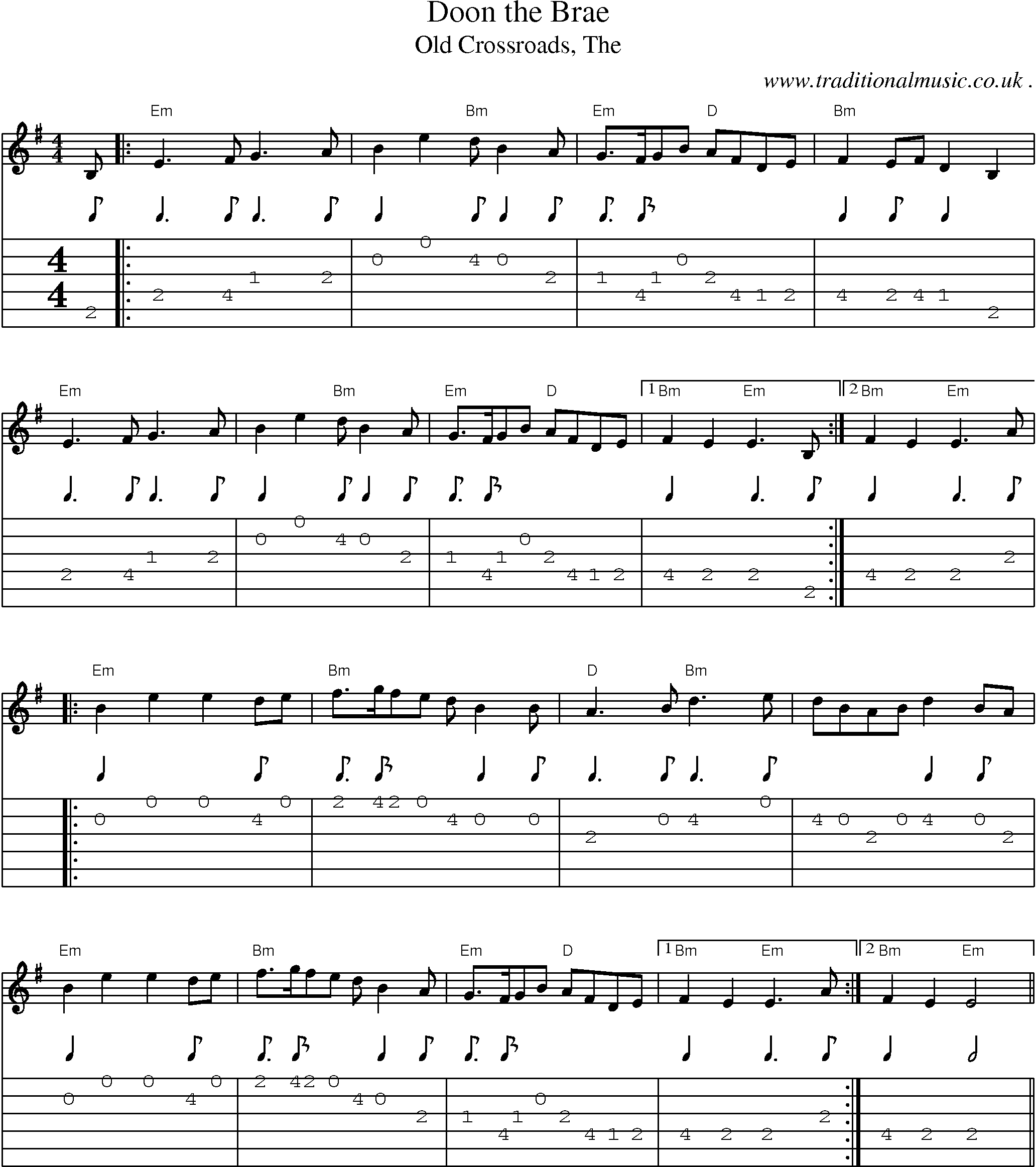 Music Score and Guitar Tabs for Doon the Brae