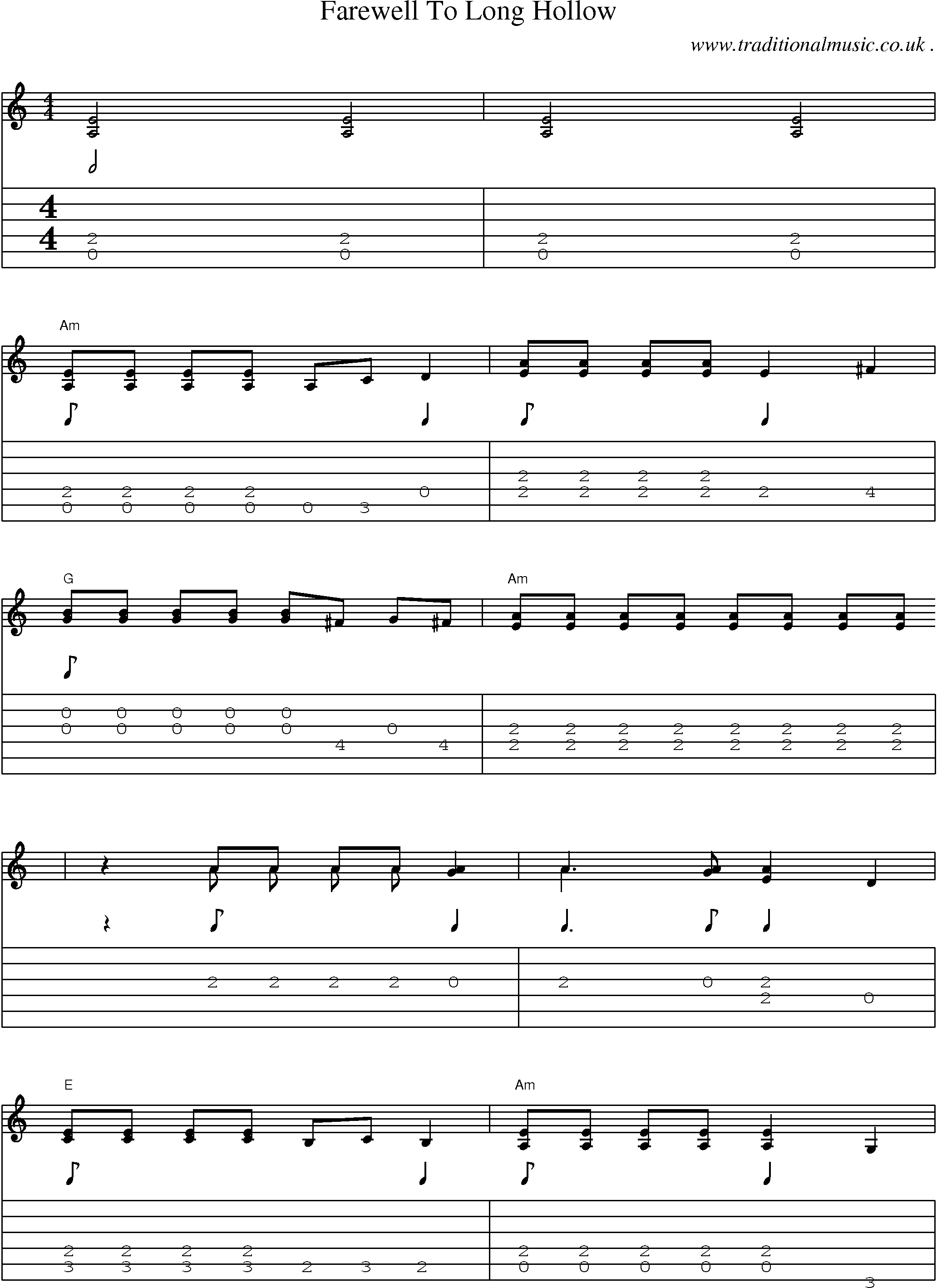 Music Score and Guitar Tabs for Farewell To Long Hollow
