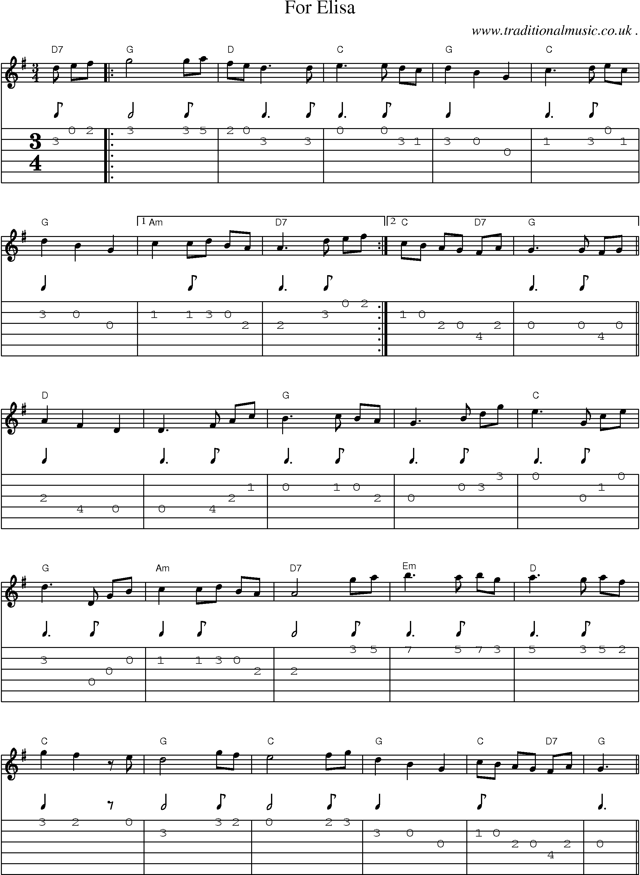 Music Score and Guitar Tabs for For Elisa