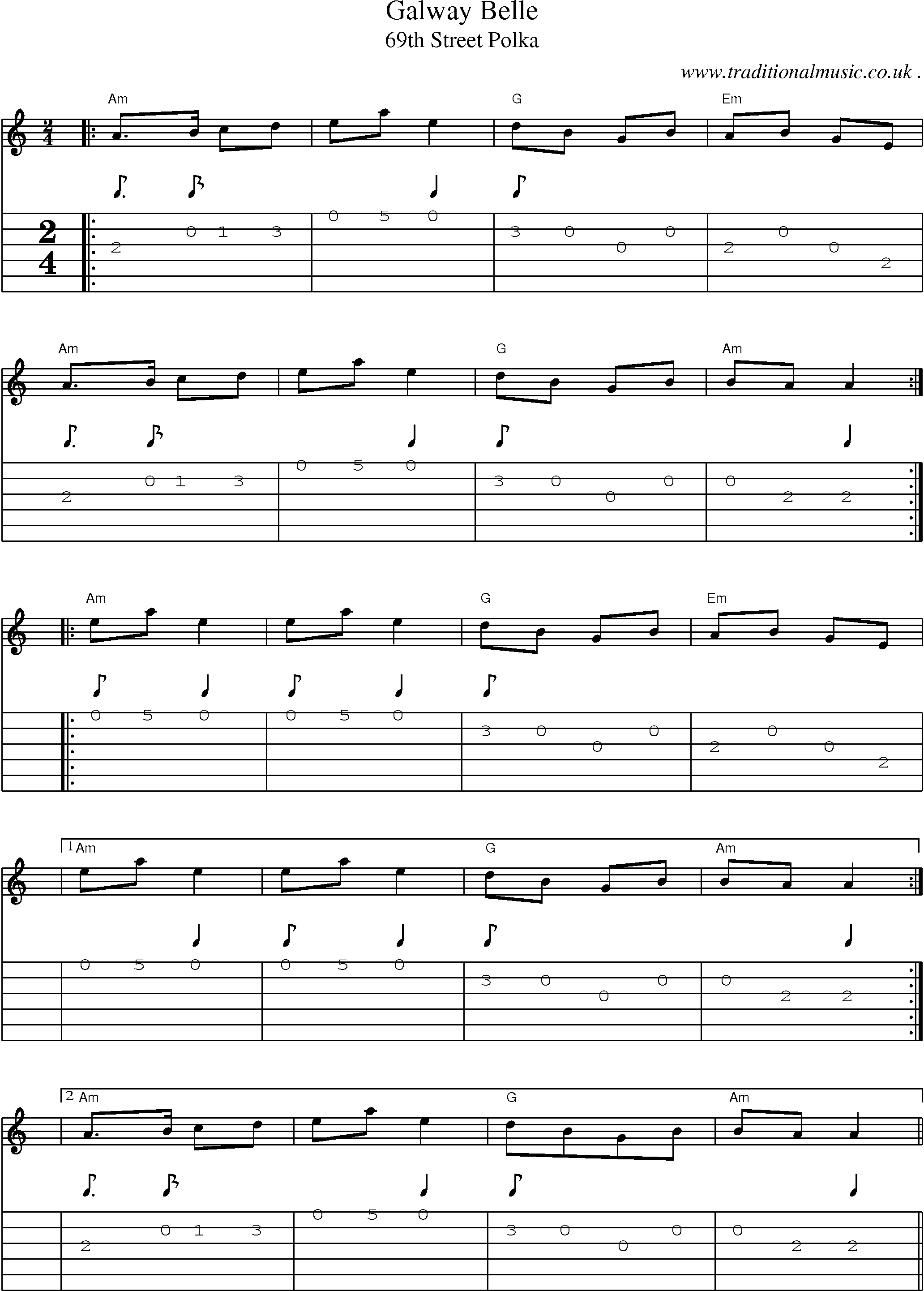 Music Score and Guitar Tabs for Galway Belle 