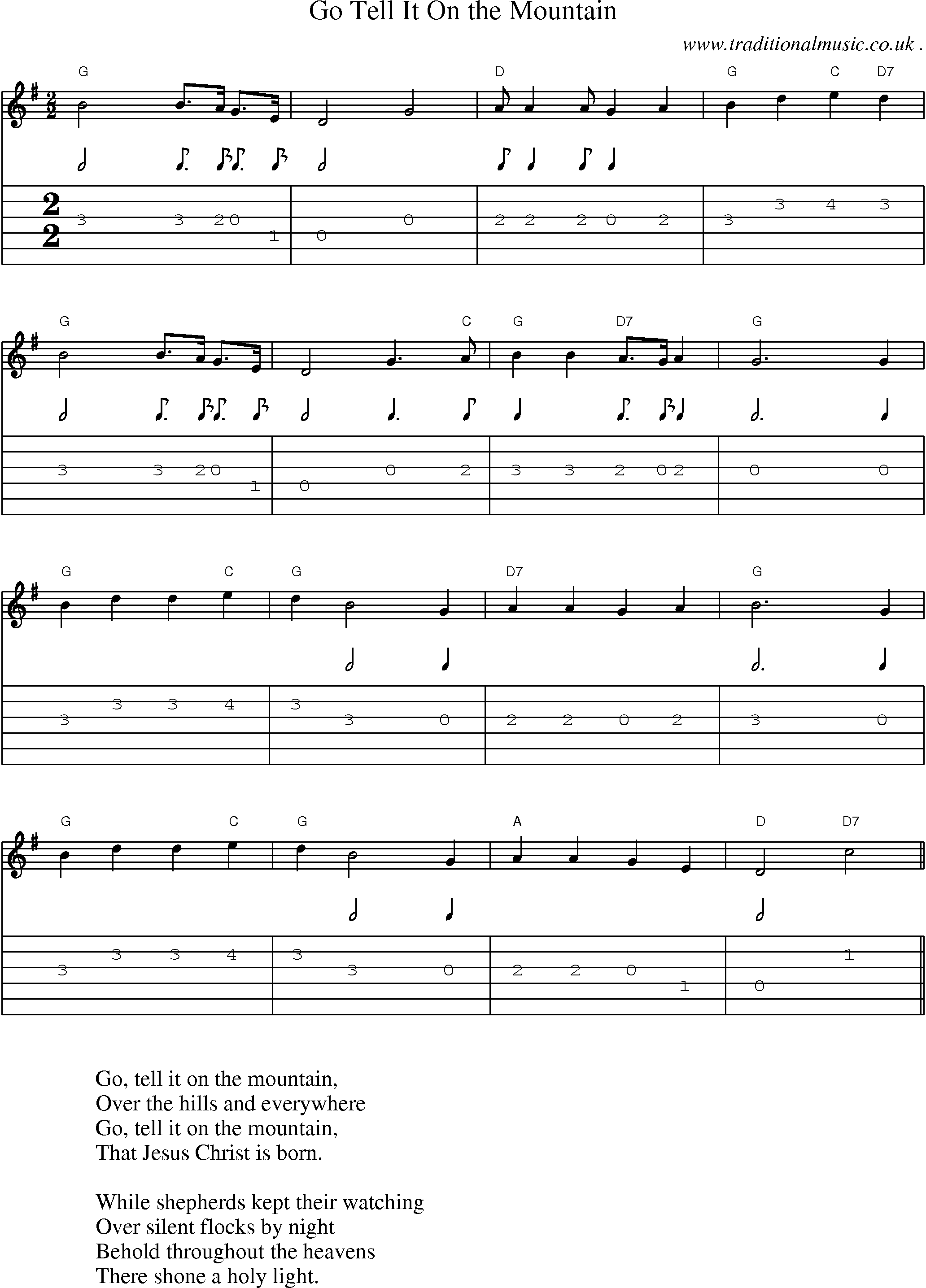 Music Score and Guitar Tabs for Go Tell It On the Mountain
