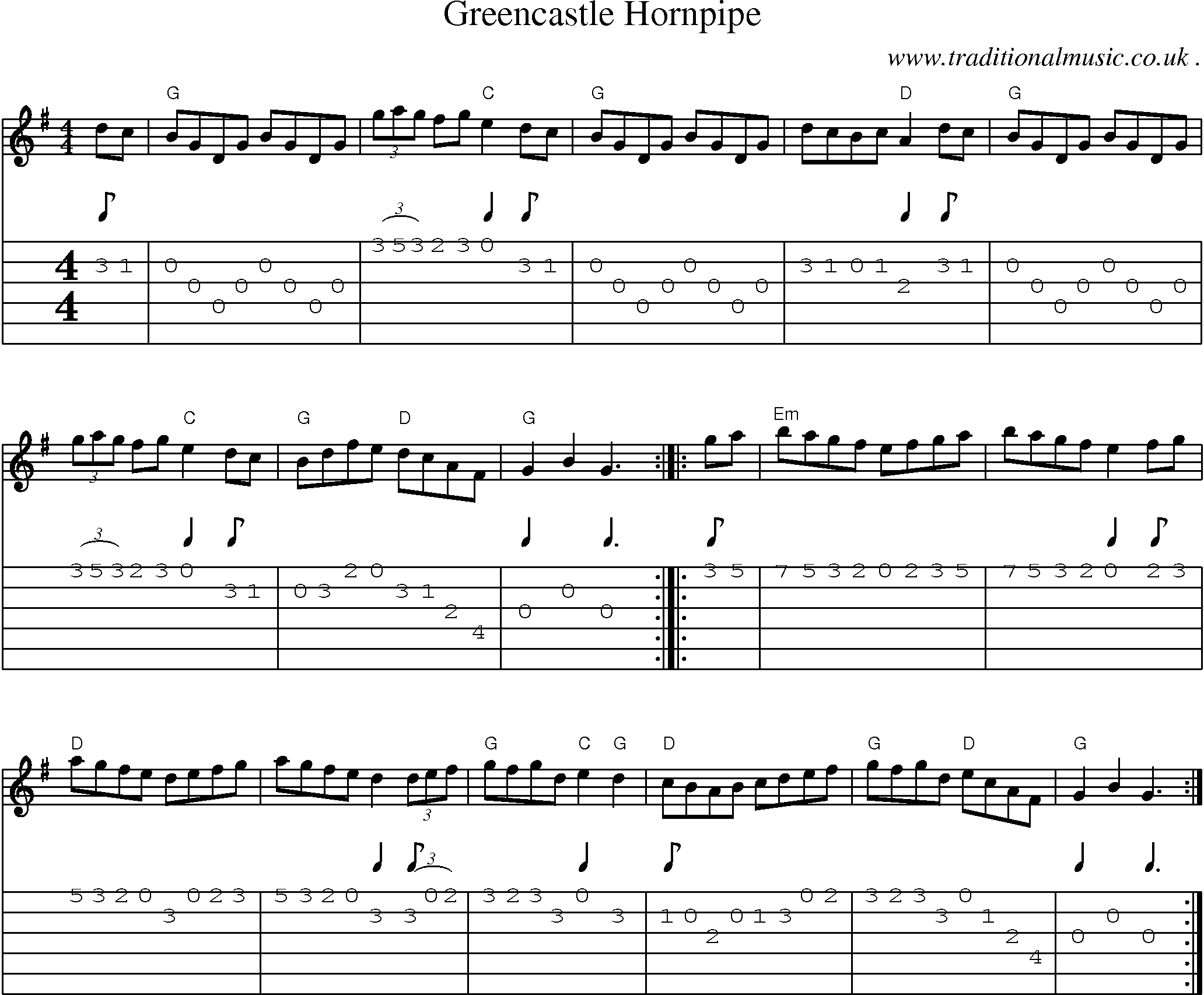 Music Score and Guitar Tabs for Greencastle Hornpipe