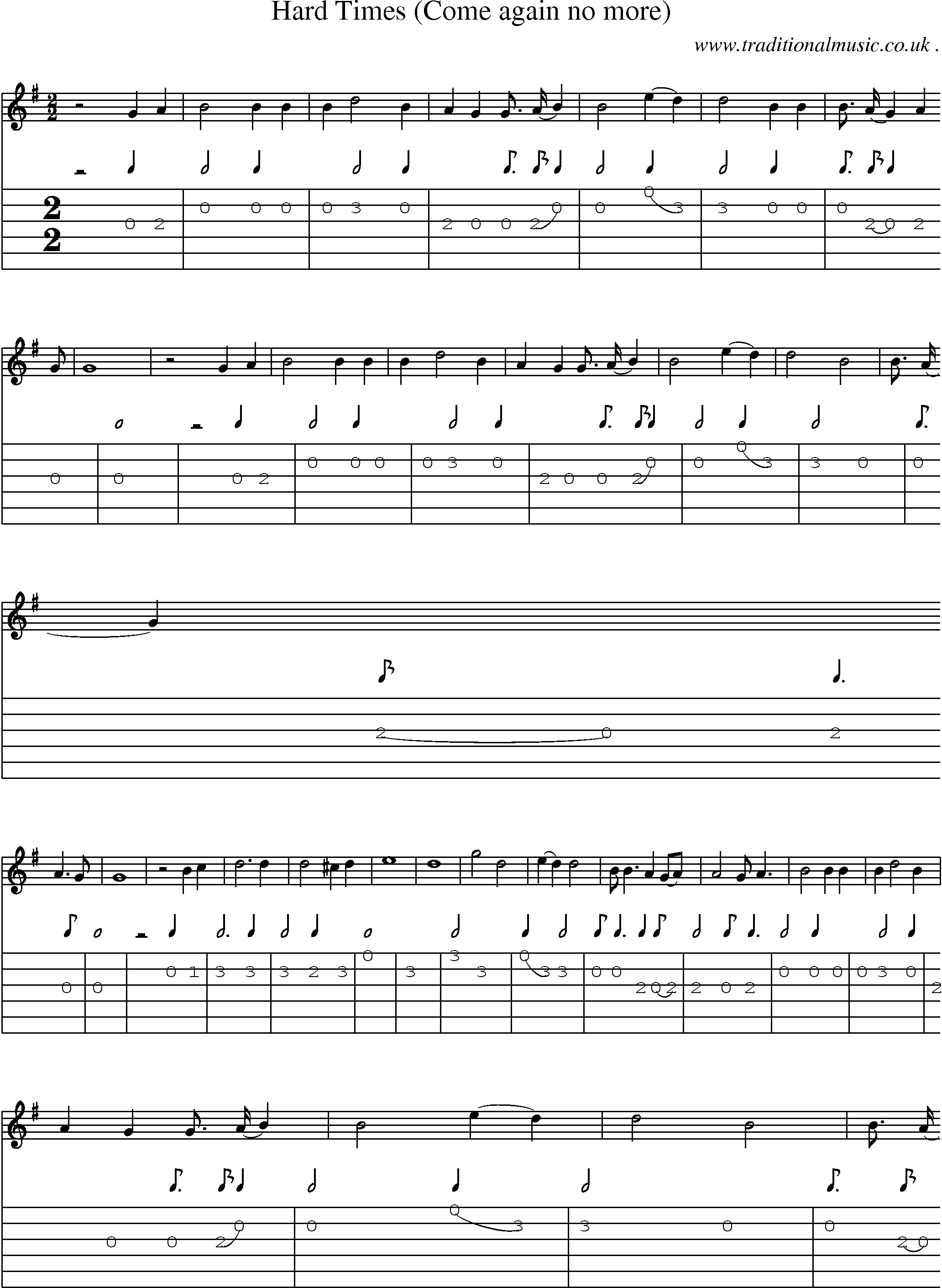 Music Score and Guitar Tabs for Hard Times (come Again No More)