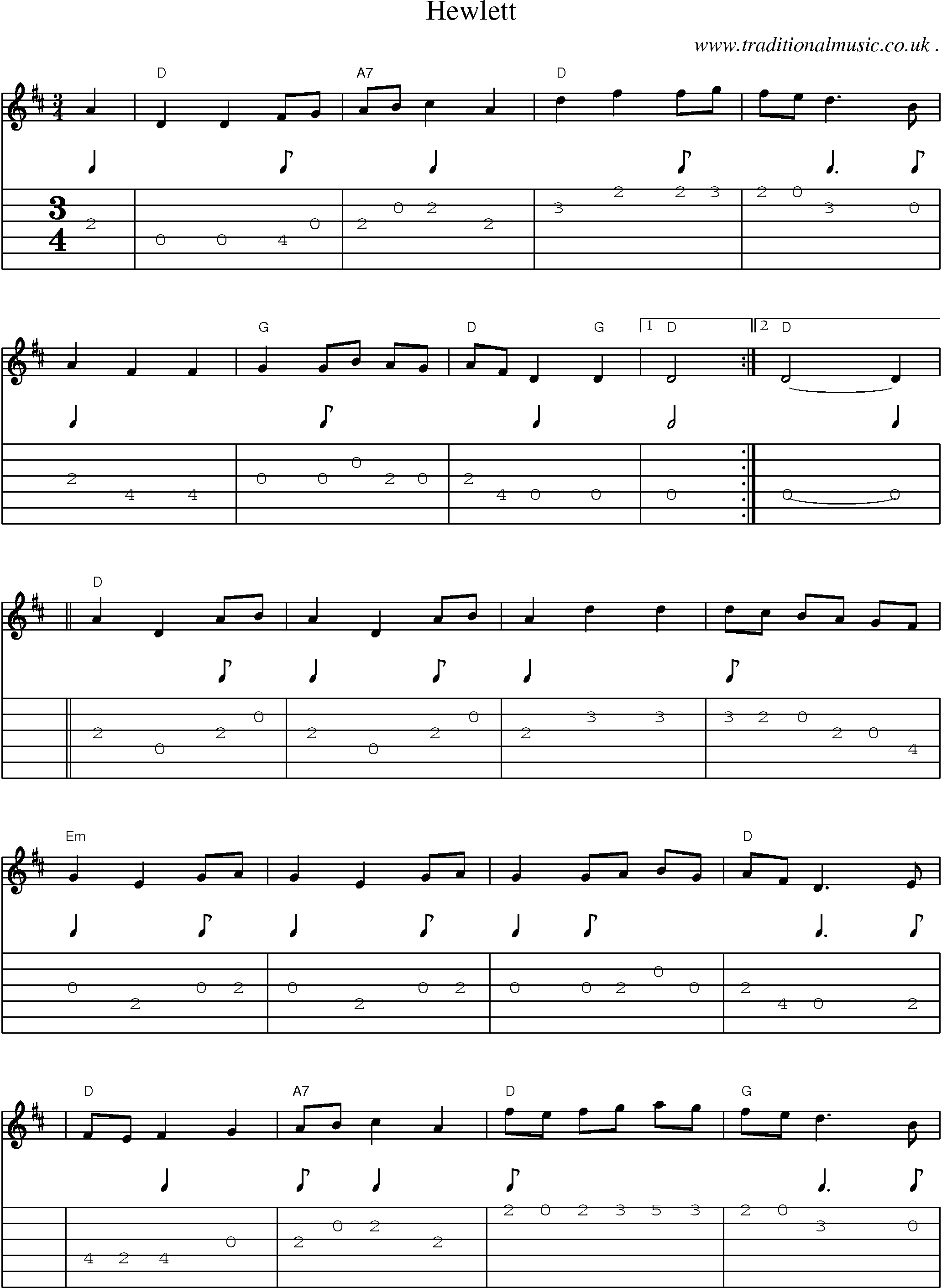 Music Score and Guitar Tabs for Hewlett