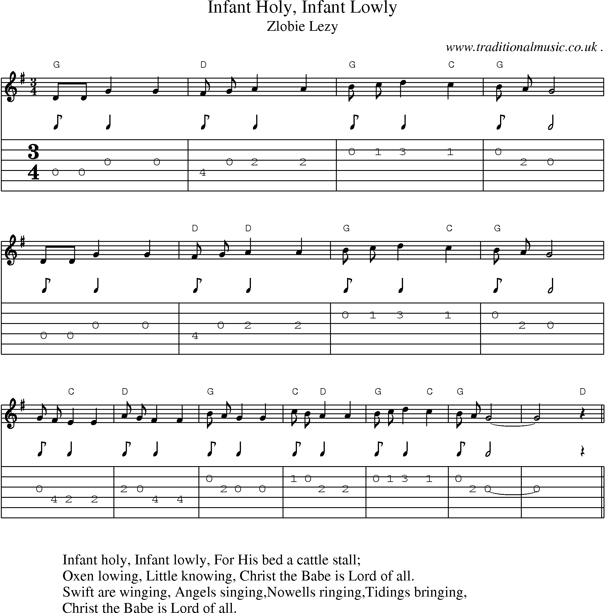 Music Score and Guitar Tabs for Infant Holy Infant Lowly