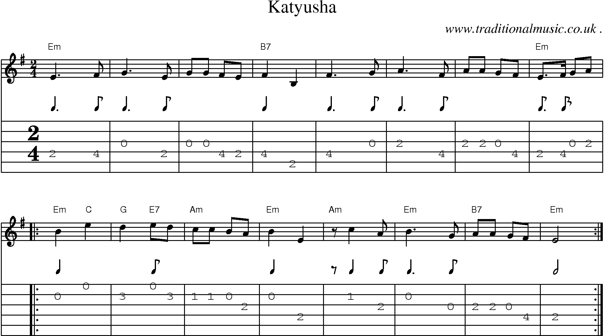 Music Score and Guitar Tabs for Katyusha
