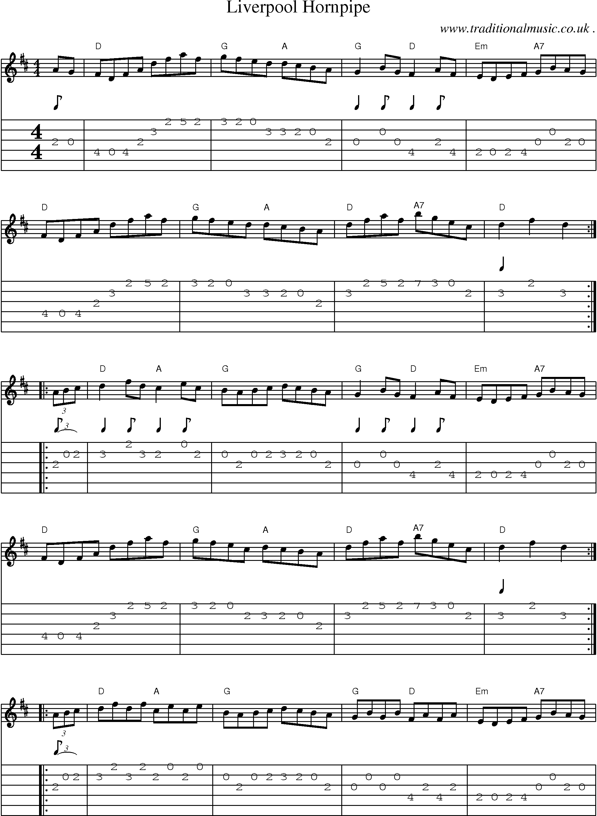 Music Score and Guitar Tabs for Liverpool Hornpipe