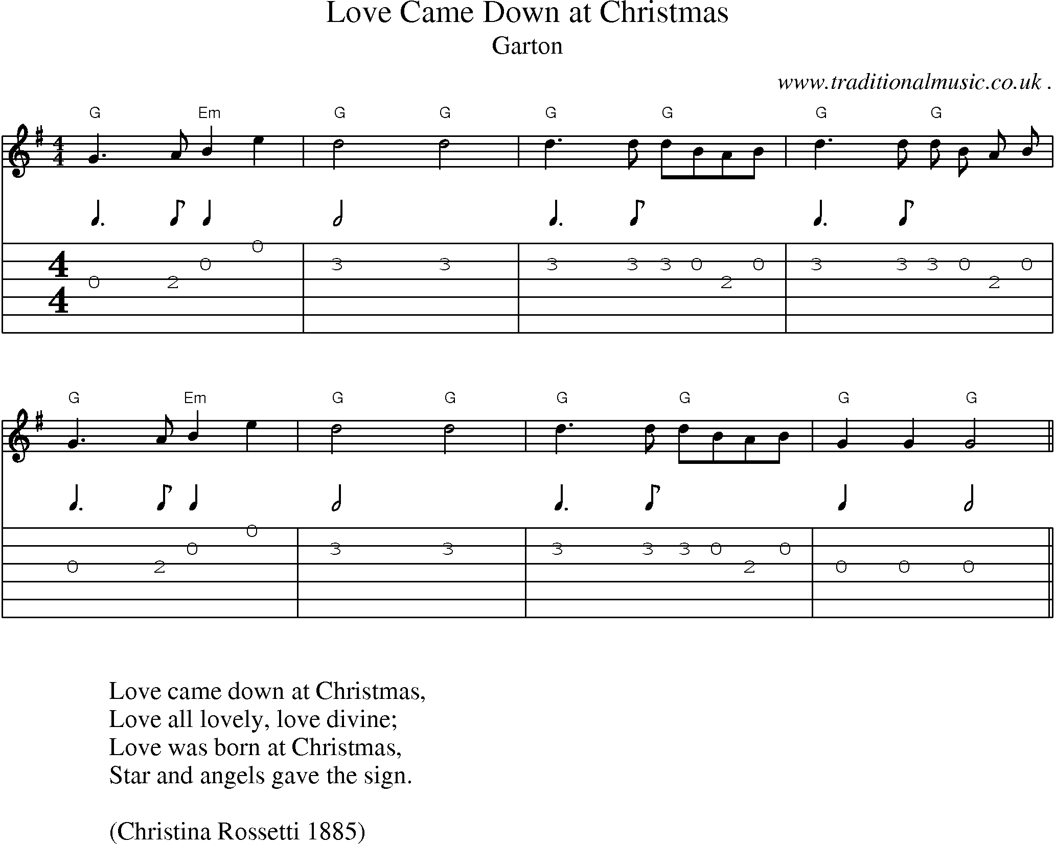 Music Score and Guitar Tabs for Love Came Down at Christmas