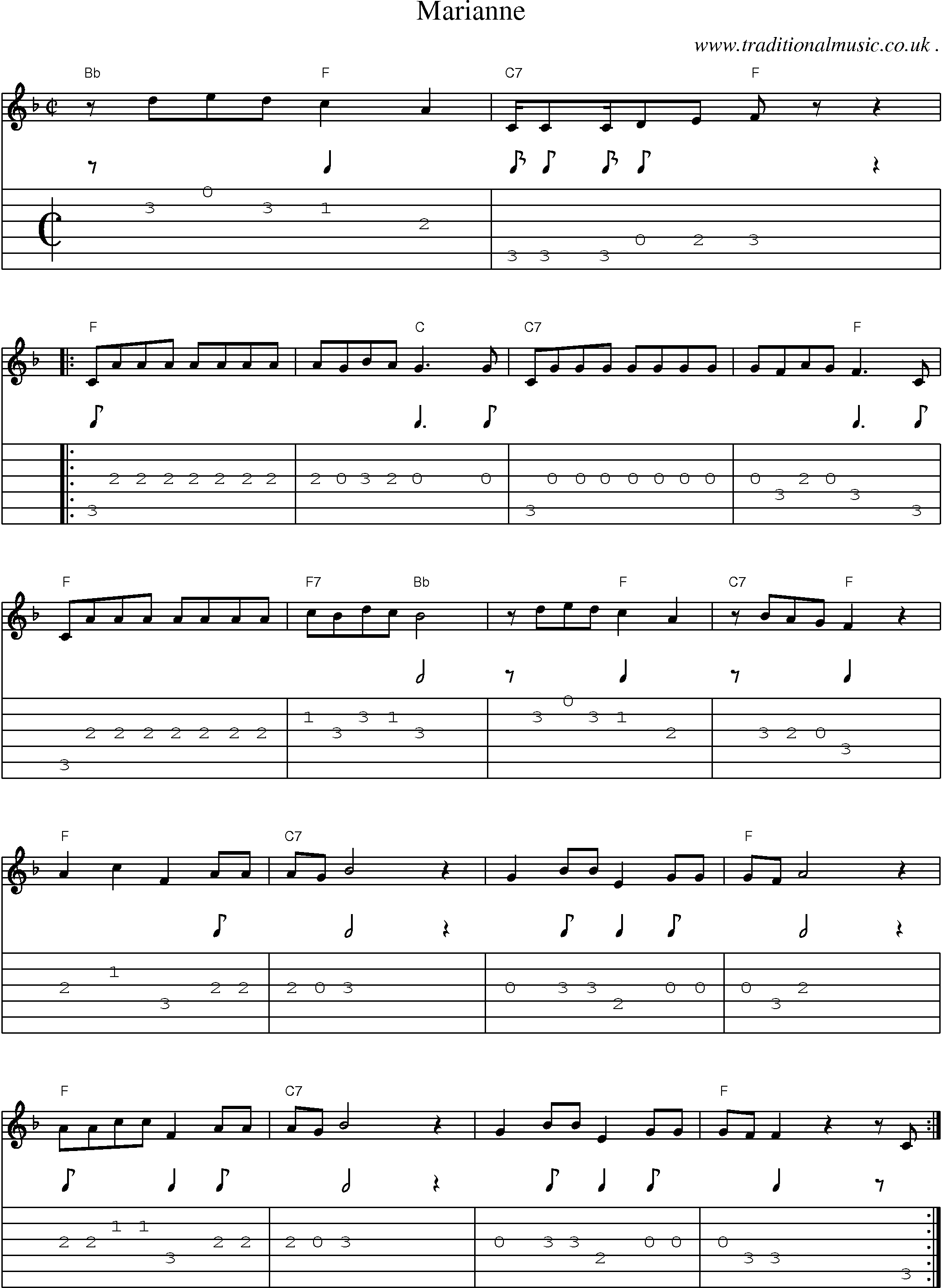 Music Score and Guitar Tabs for Marianne