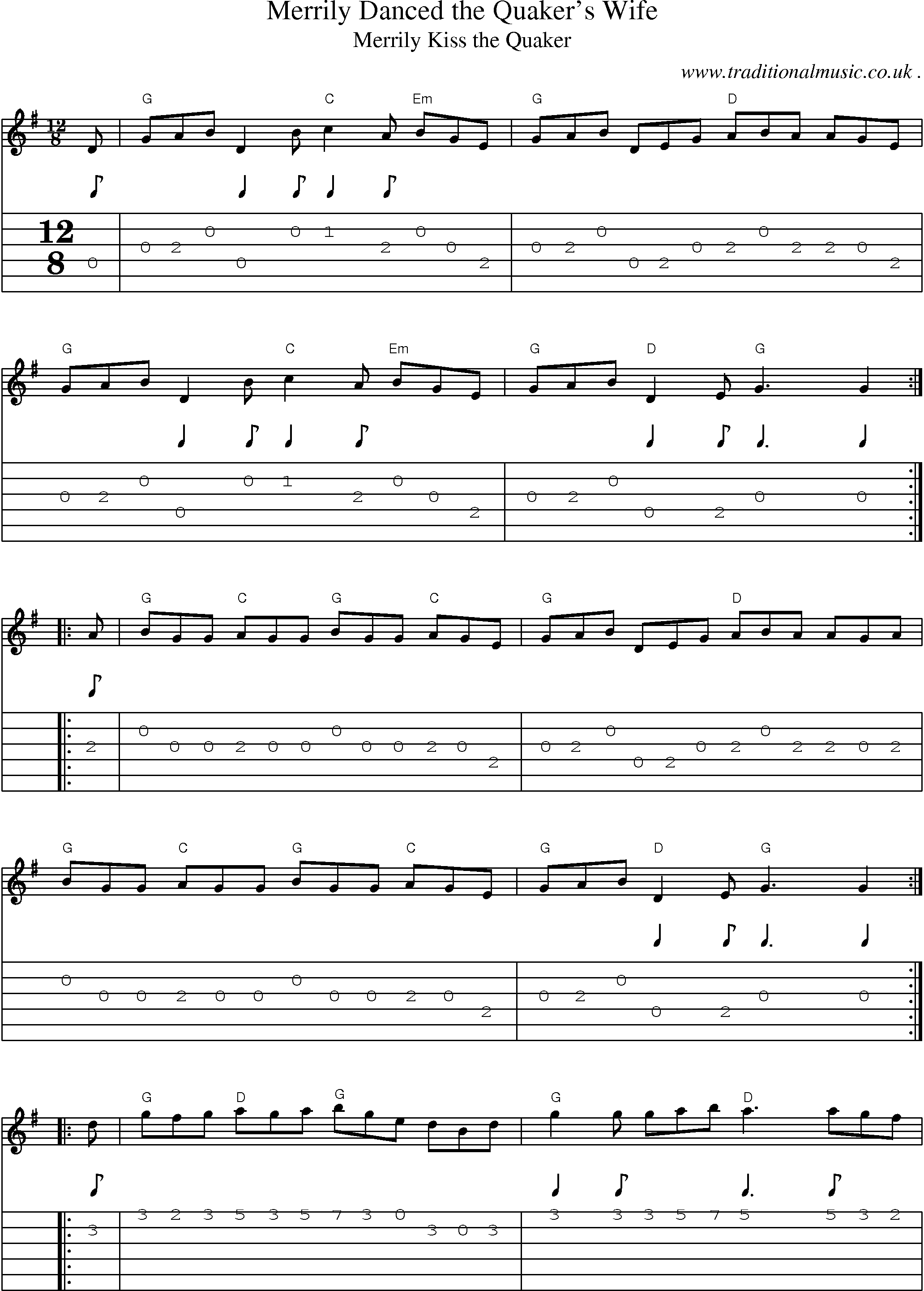 Music Score and Guitar Tabs for Merrily Danced the Quakers Wife