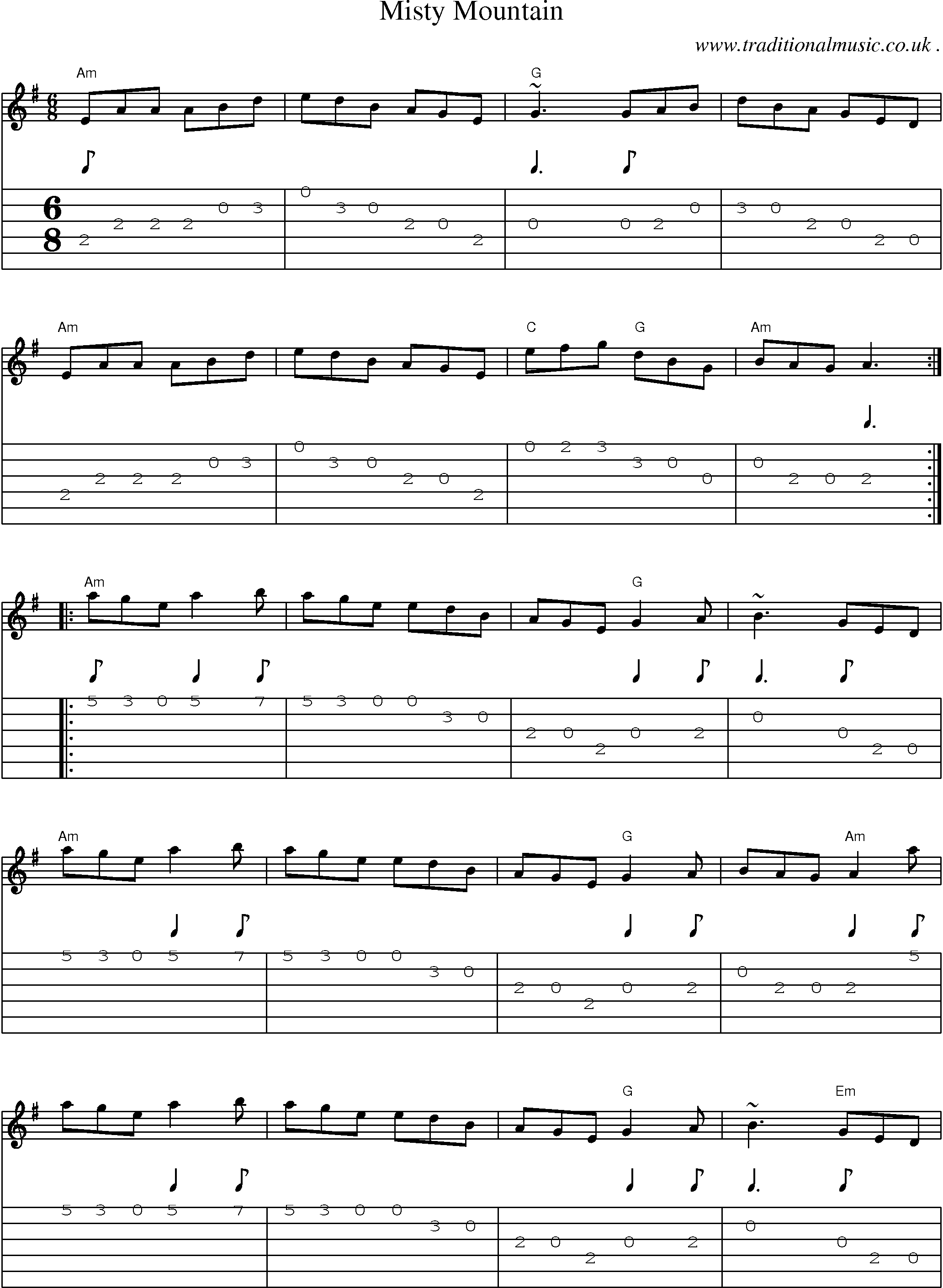 Music Score and Guitar Tabs for Misty Mountain