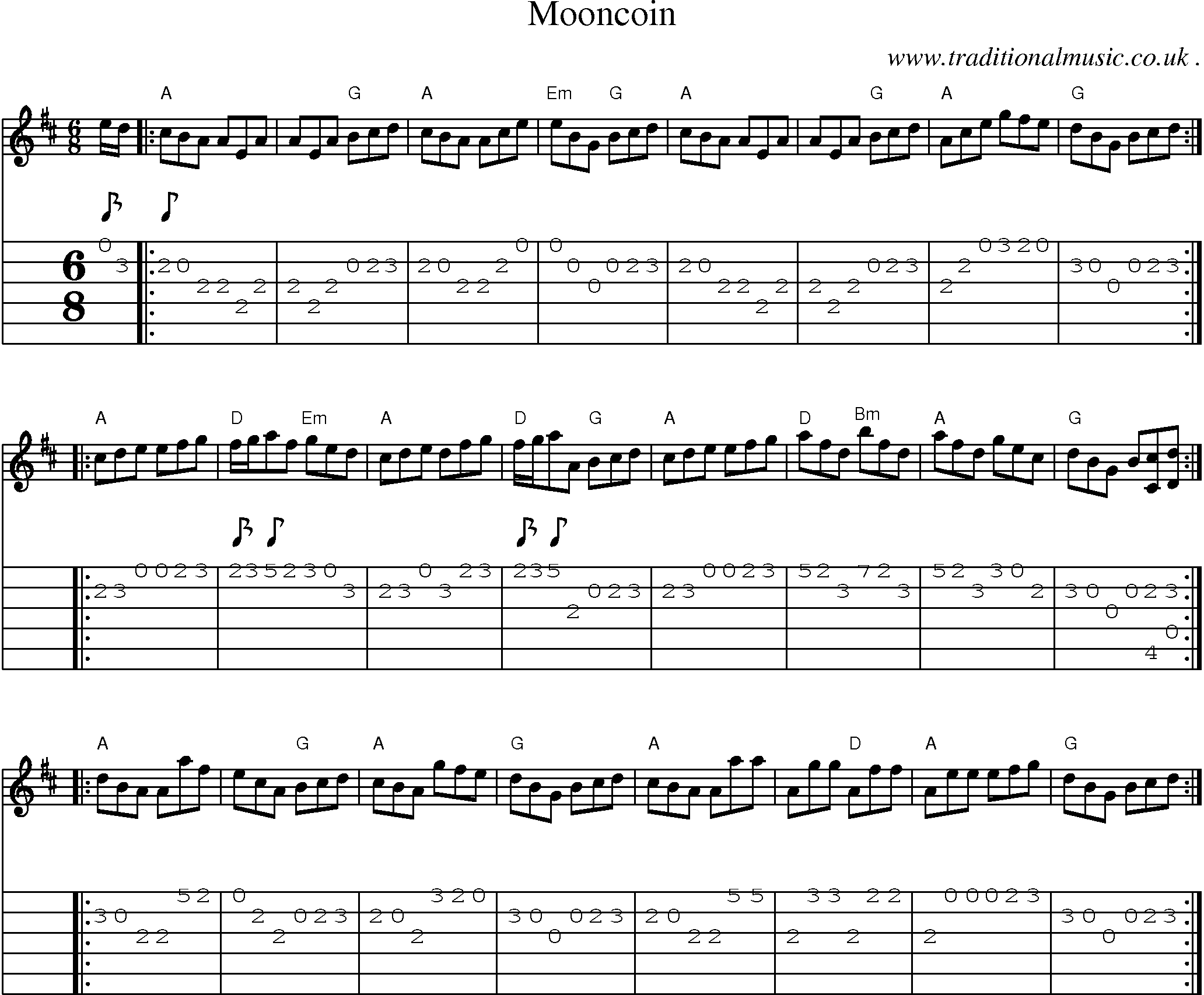 Music Score and Guitar Tabs for Mooncoin
