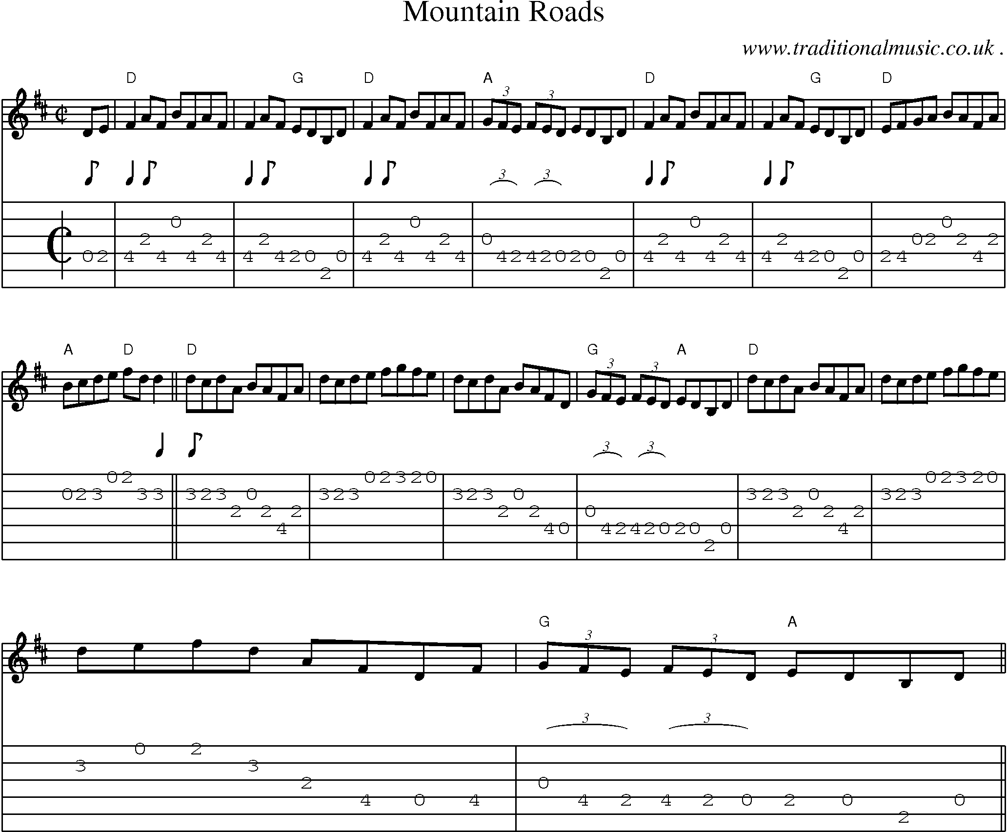 Music Score and Guitar Tabs for Mountain Roads