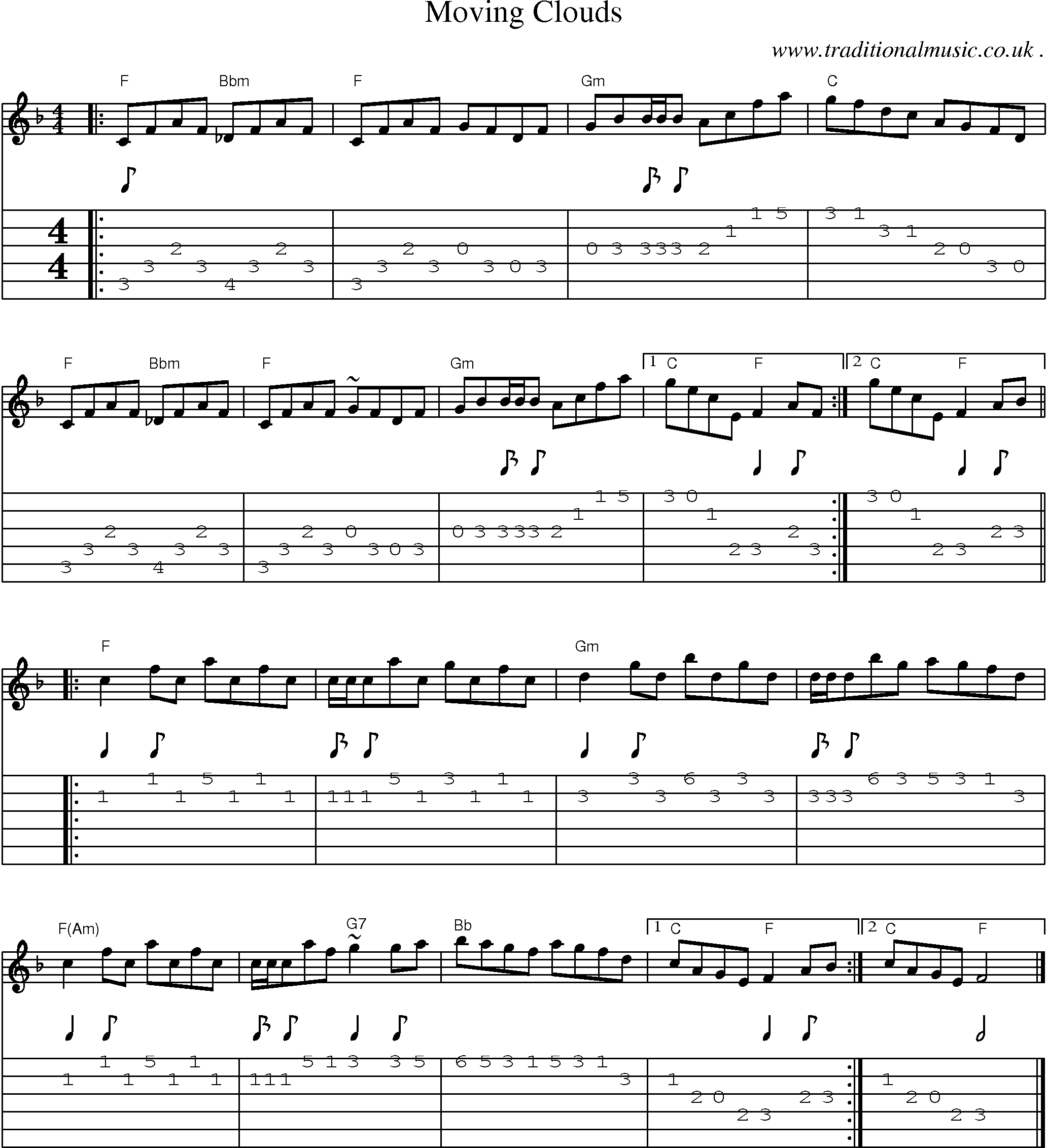 Music Score and Guitar Tabs for Moving Clouds