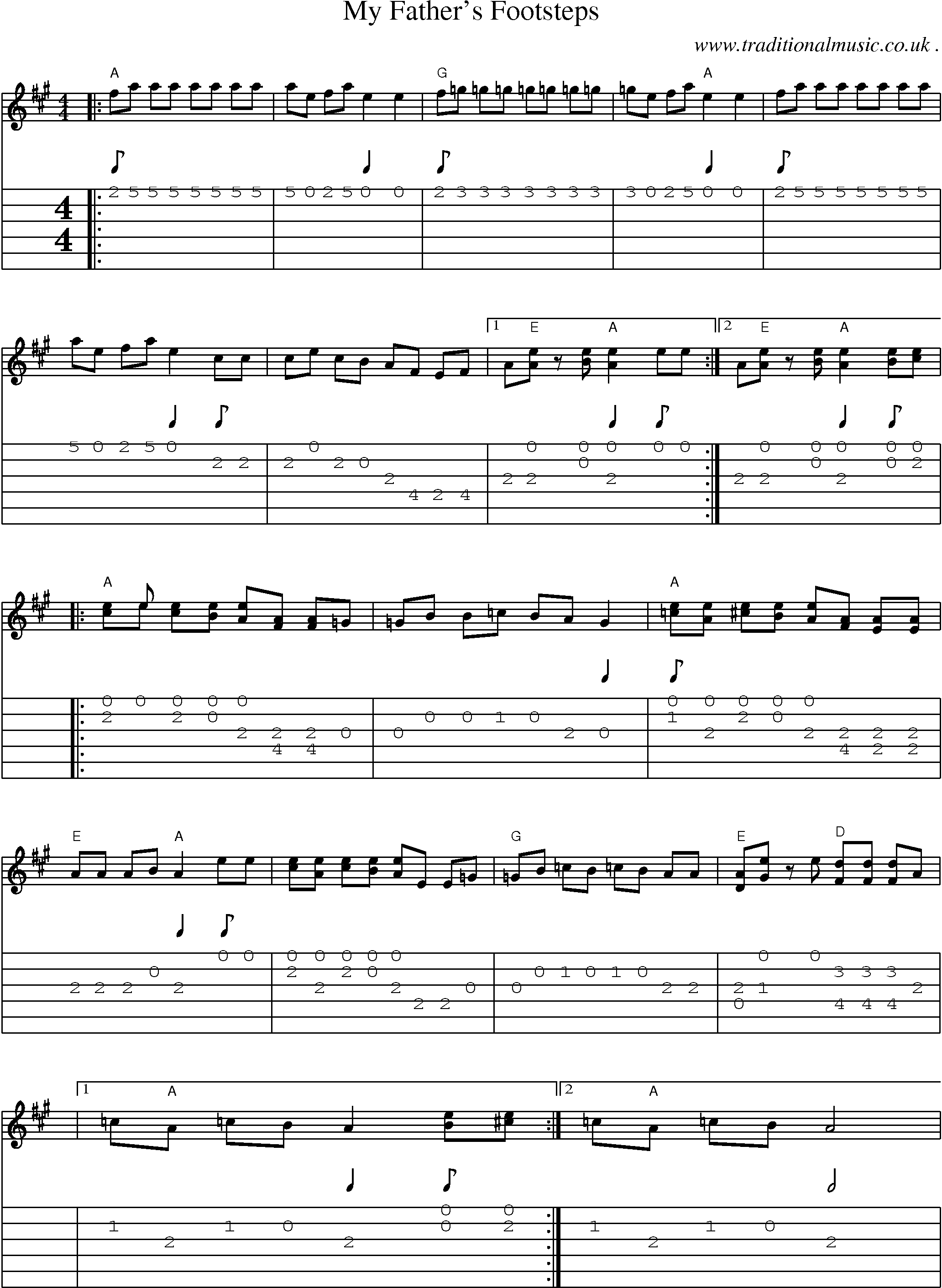 Music Score and Guitar Tabs for My Fathers Footsteps