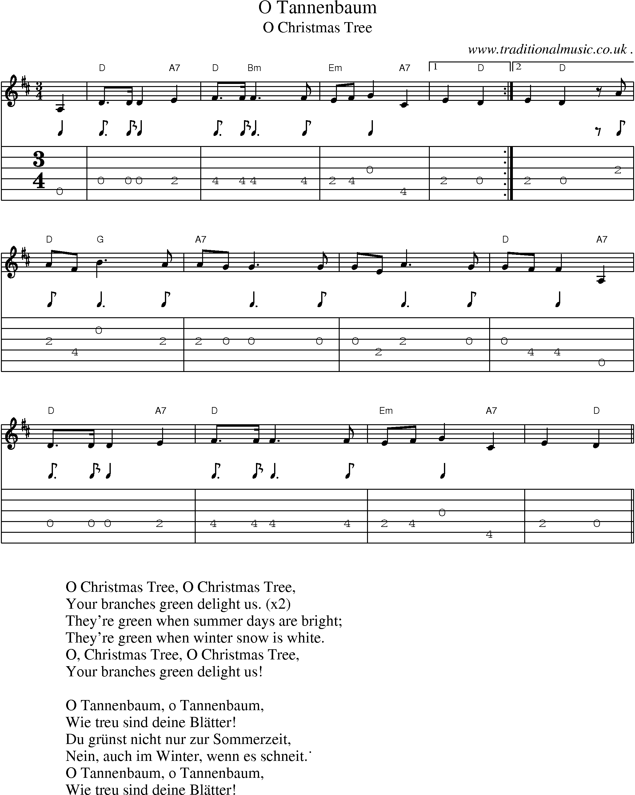 Music Score and Guitar Tabs for O Tannenbaum