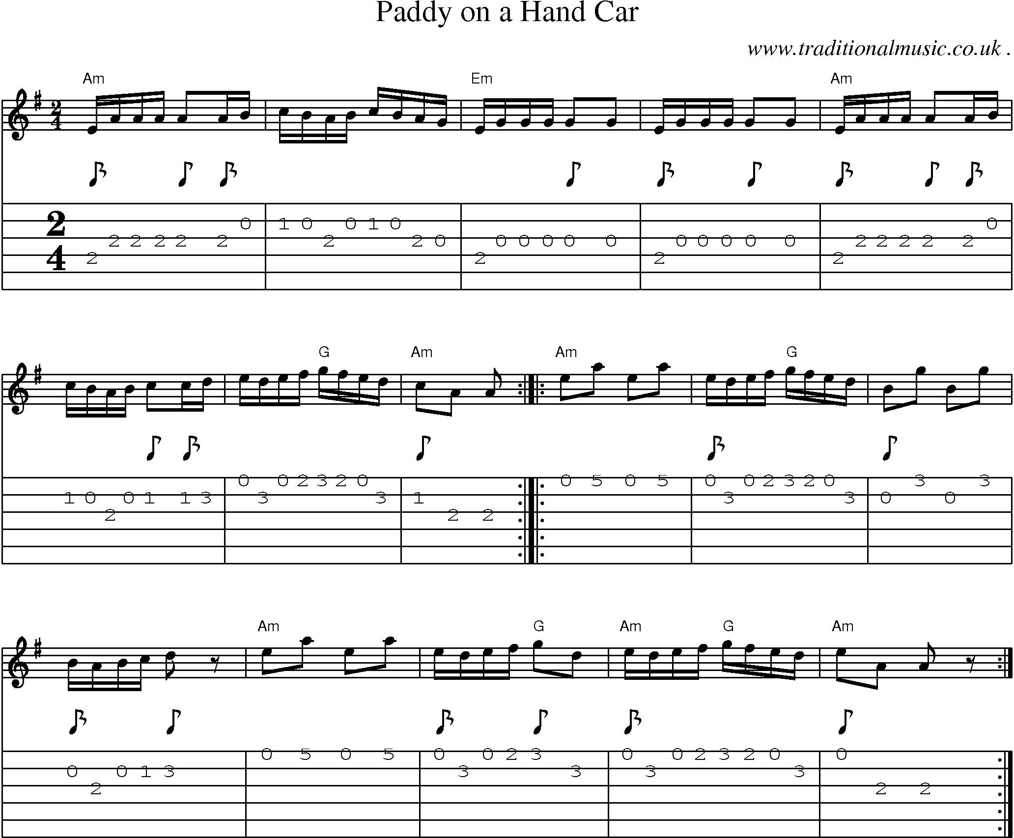 Music Score and Guitar Tabs for Paddy On A Hand Car