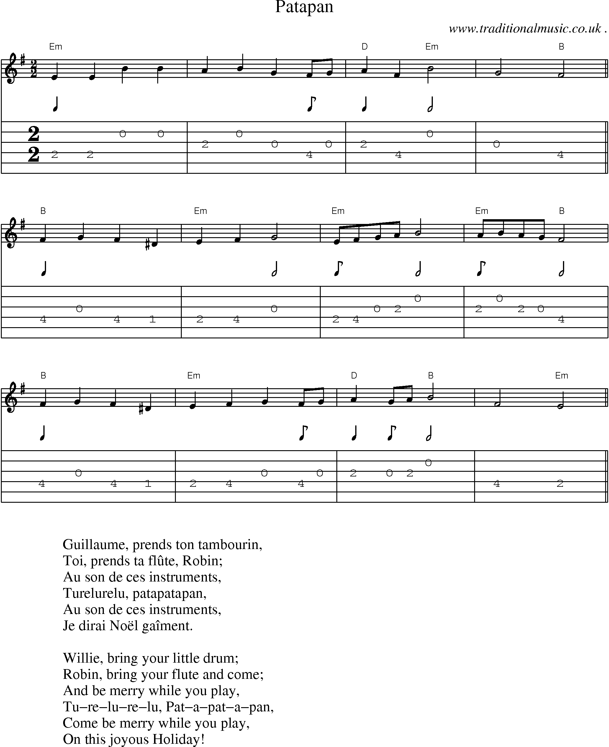 Music Score and Guitar Tabs for Patapan