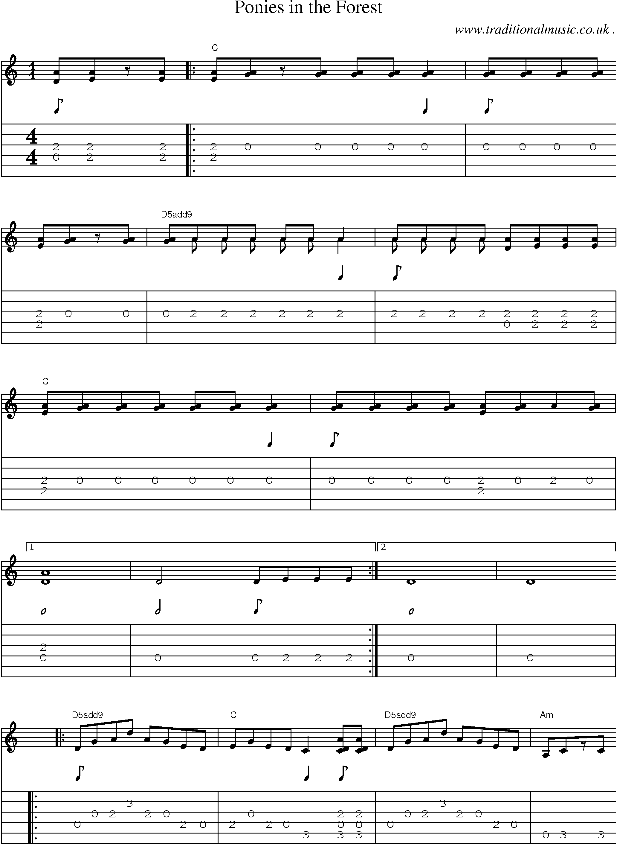 Music Score and Guitar Tabs for Ponies In The Forest