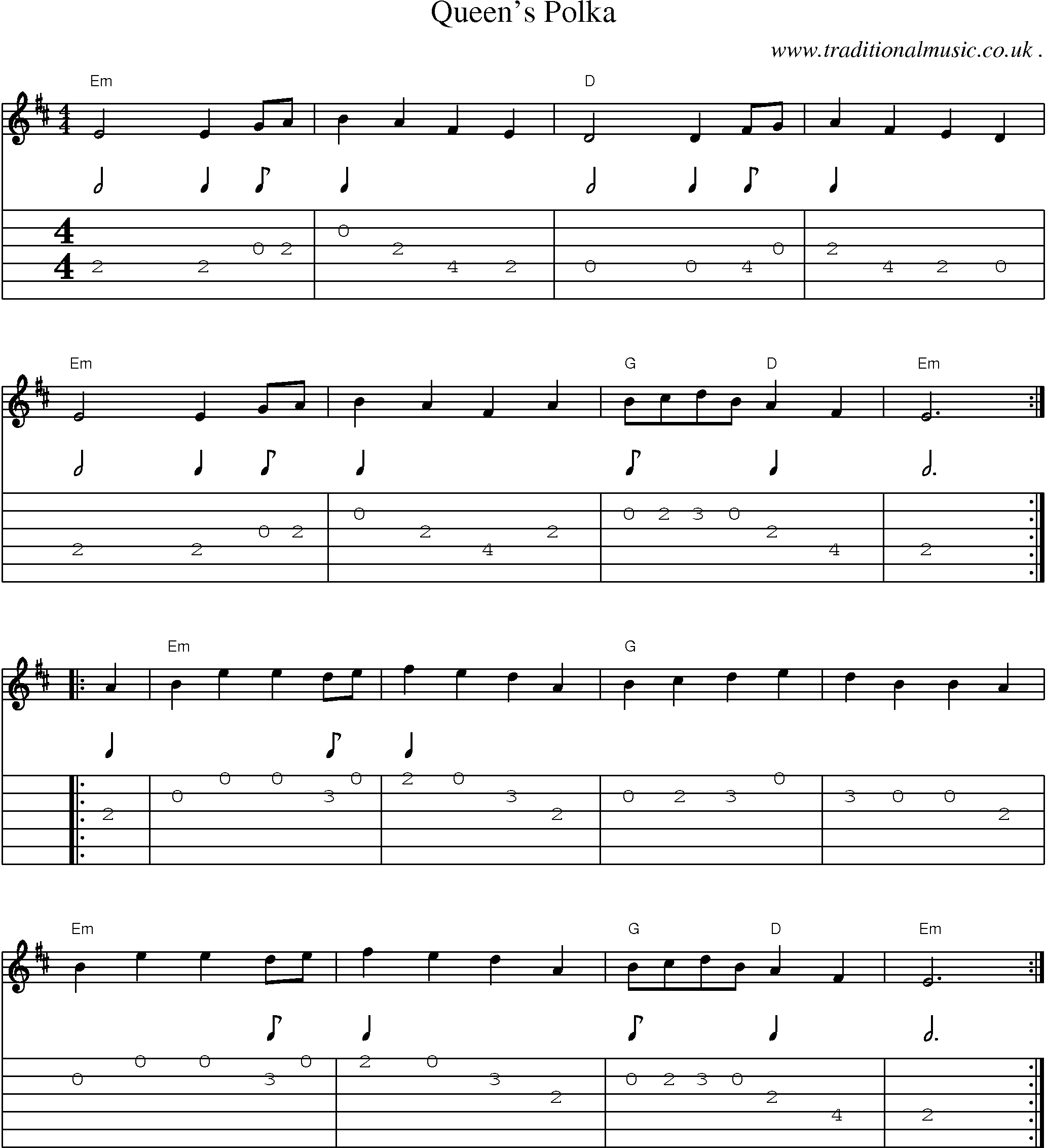 Music Score and Guitar Tabs for Queens Polka