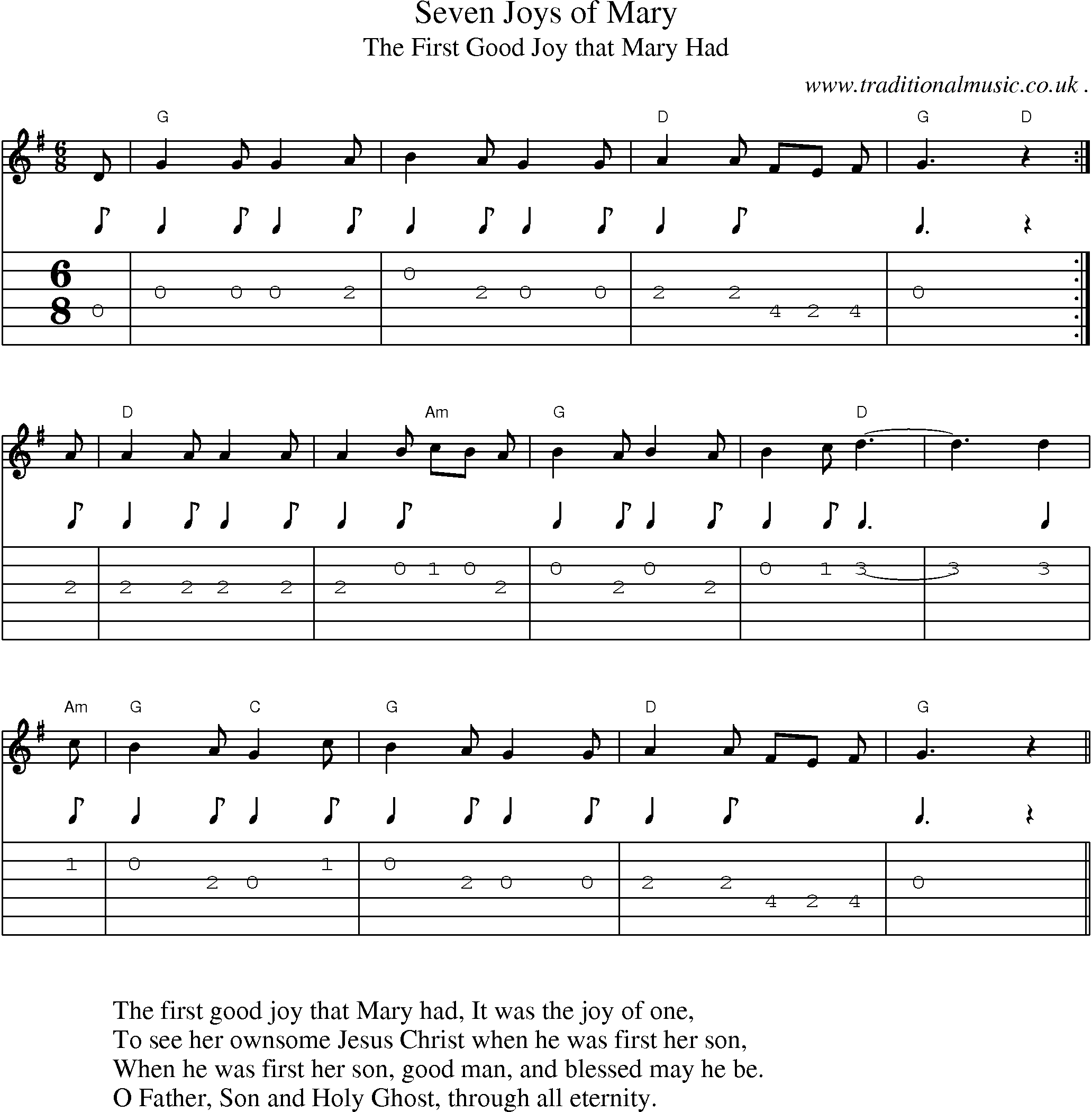 Music Score and Guitar Tabs for Seven Joys of Mary
