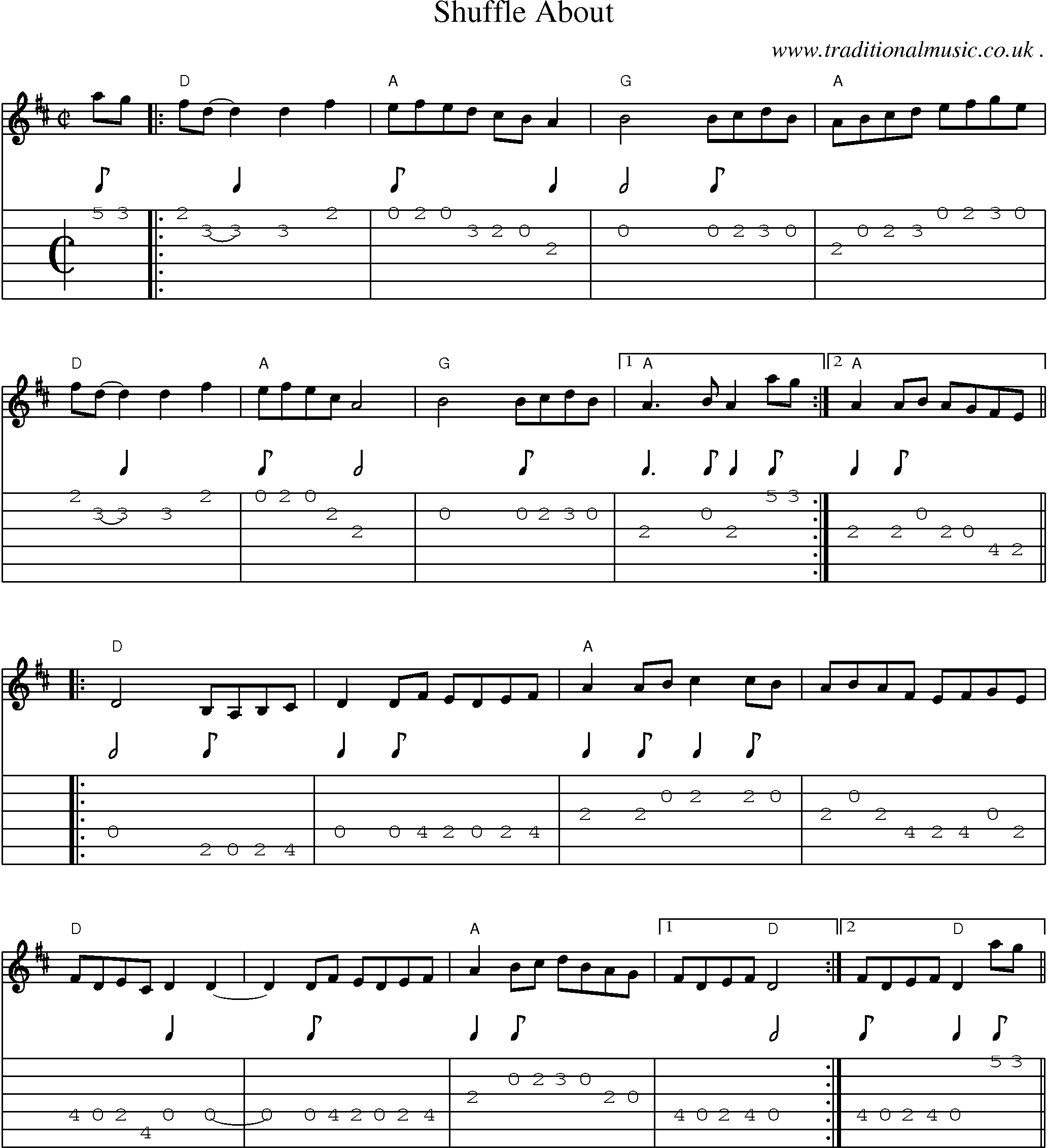 Music Score and Guitar Tabs for Shuffle About