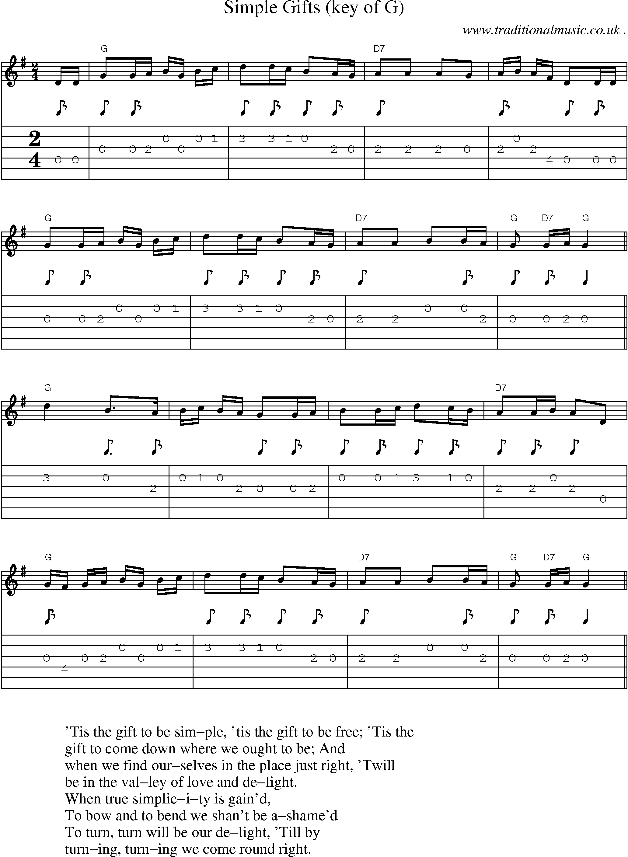 Music Score and Guitar Tabs for Simple Gifts (keyG)