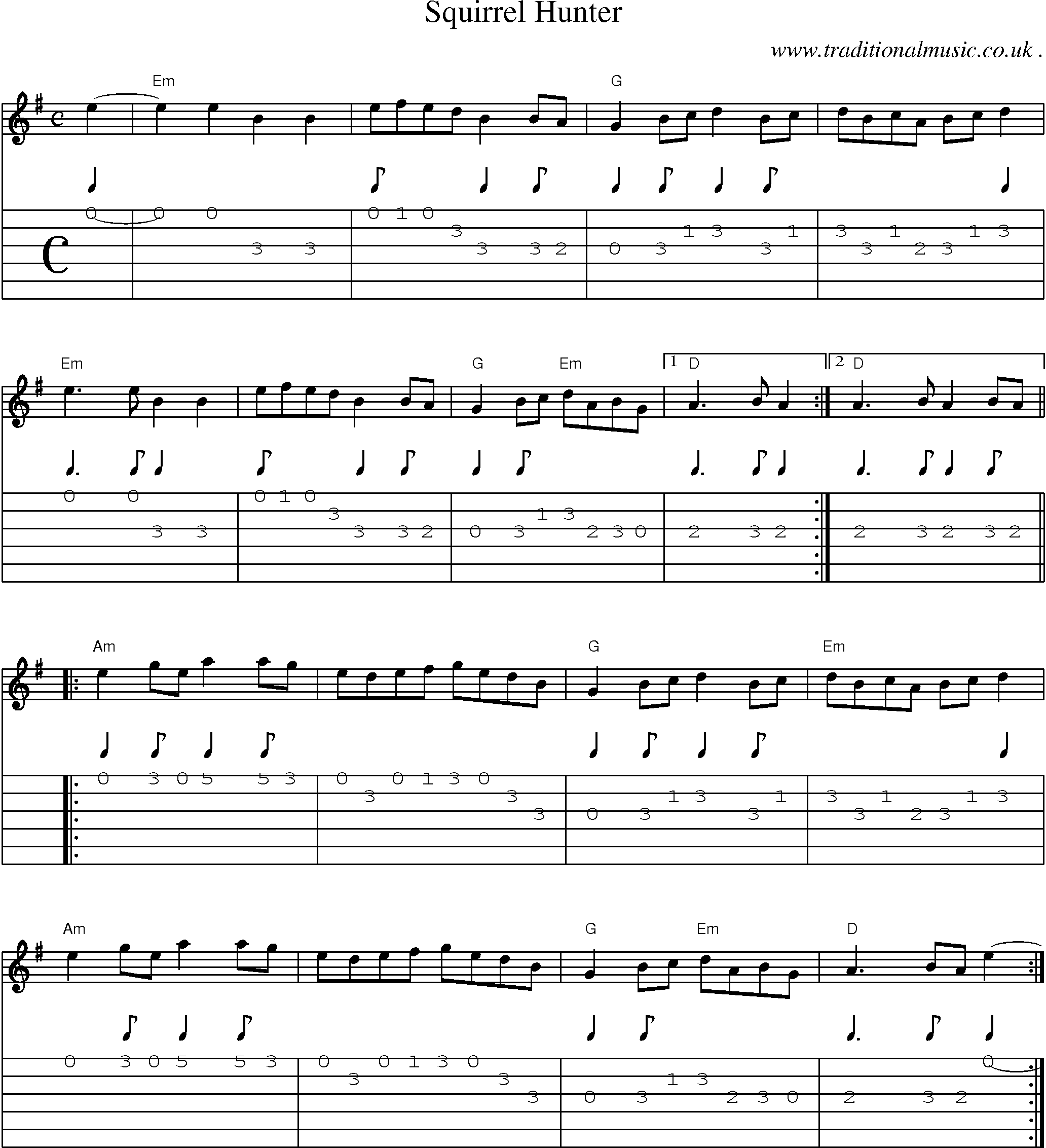 Music Score and Guitar Tabs for Squirrel Hunter