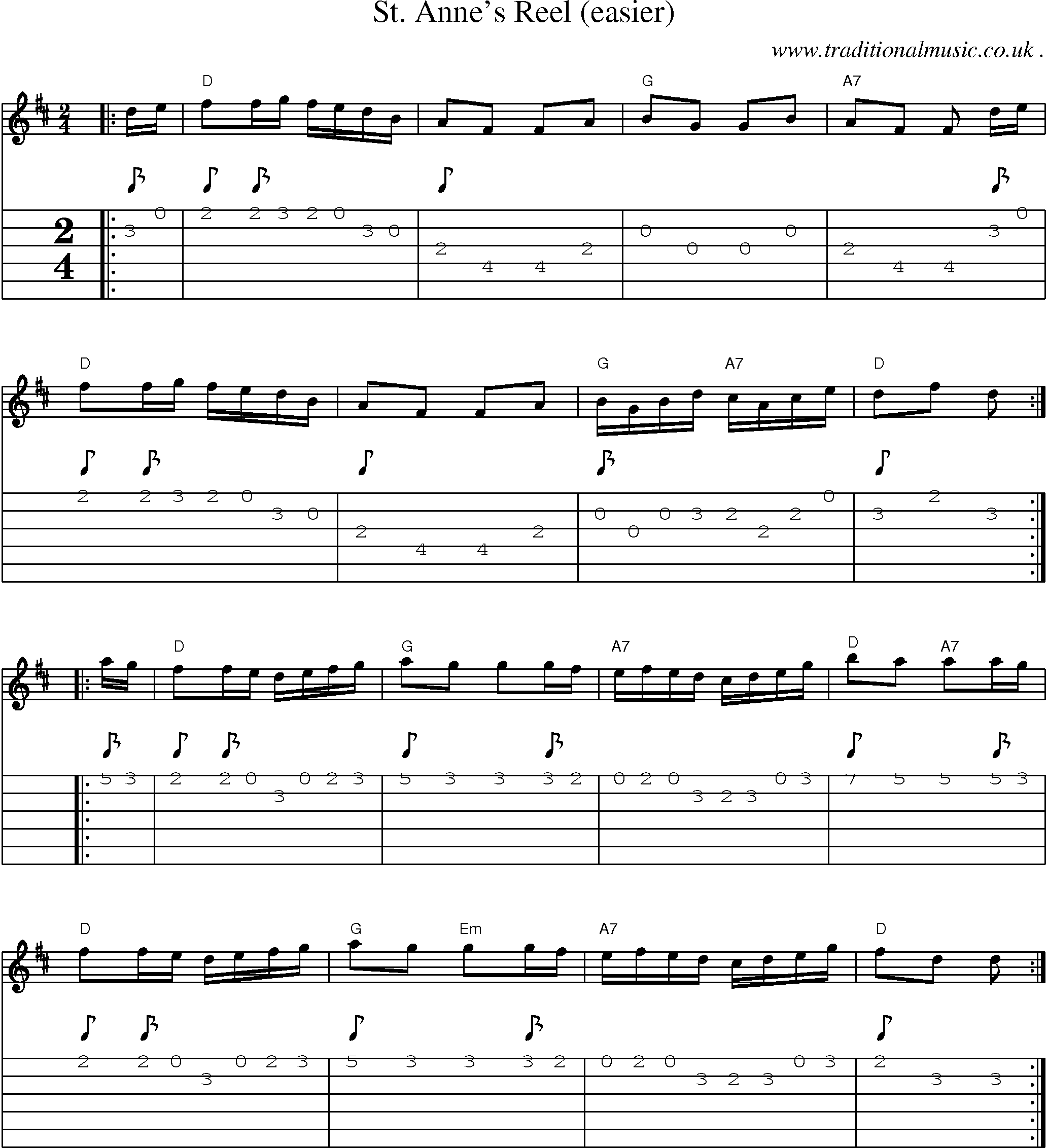 Music Score and Guitar Tabs for St Annes Reel (easier)