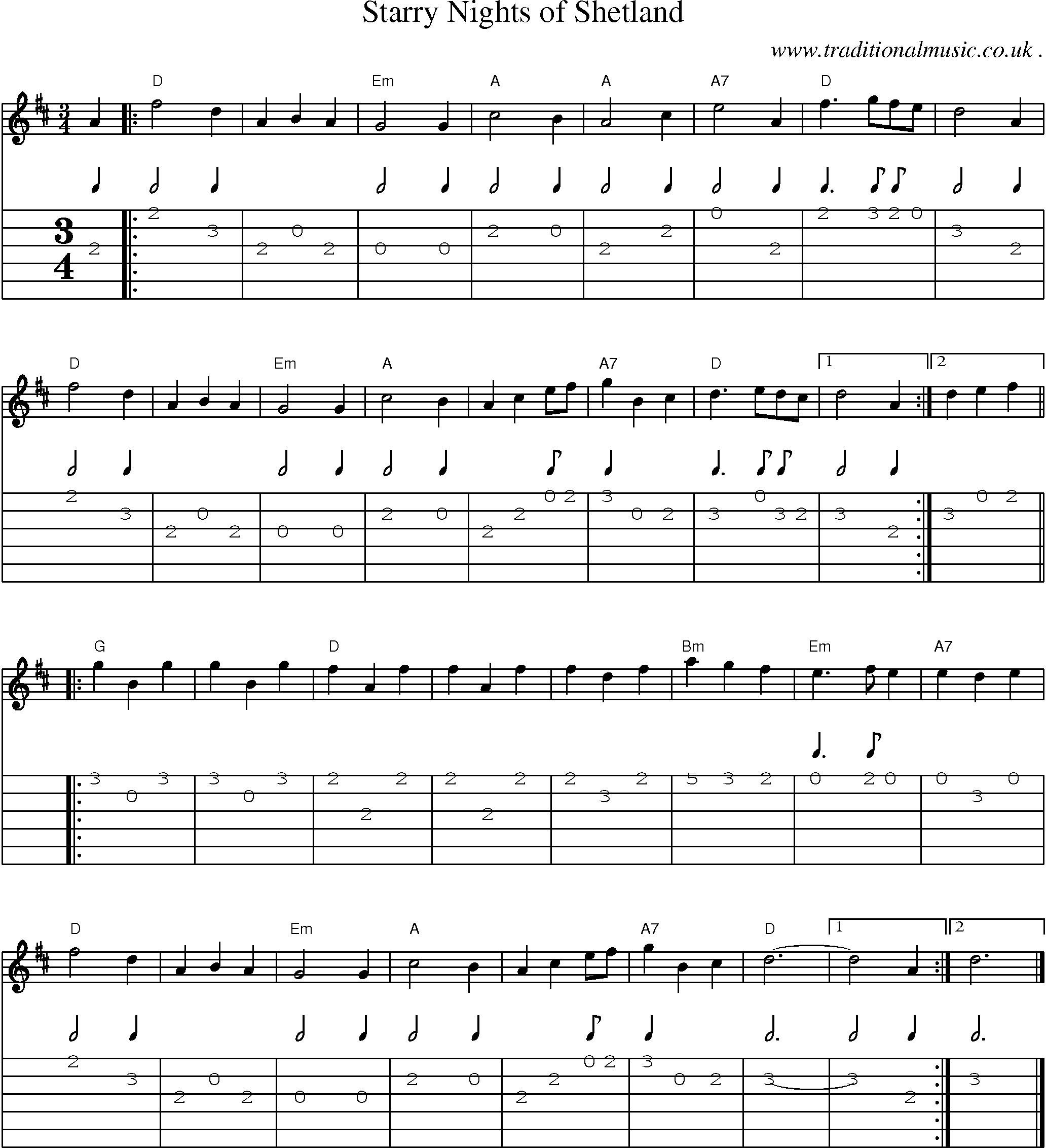 Music Score and Guitar Tabs for Starry Nights of Shetland