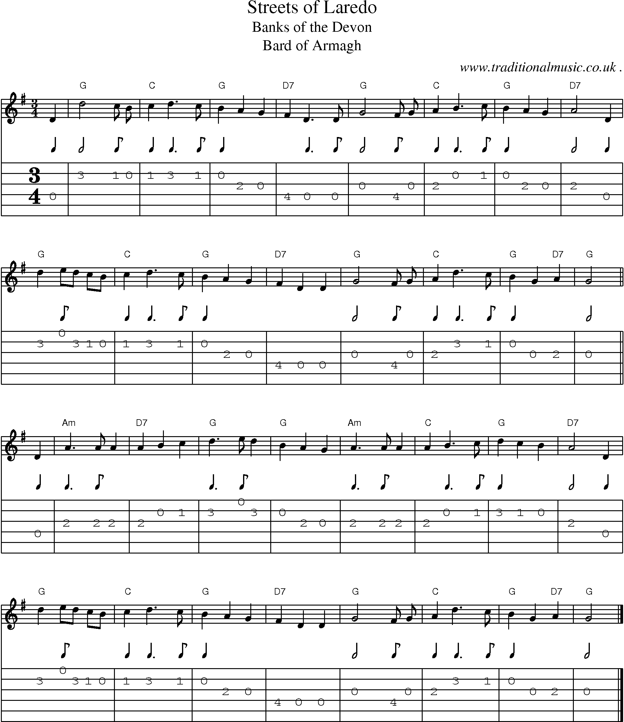 Music Score and Guitar Tabs for Streets of Laredo