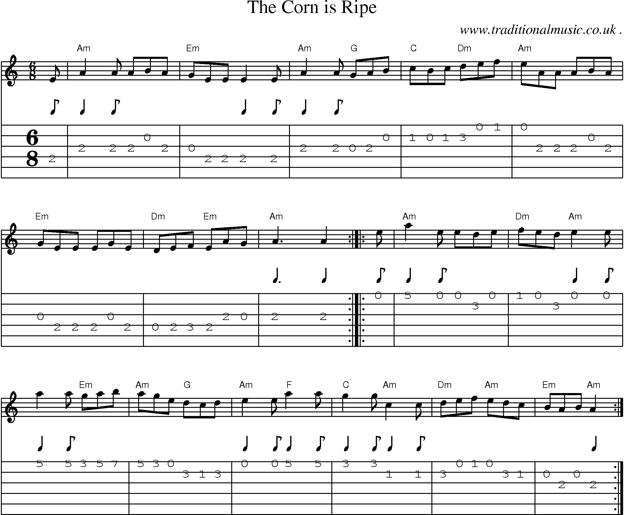 Music Score and Guitar Tabs for The Corn Is Ripe