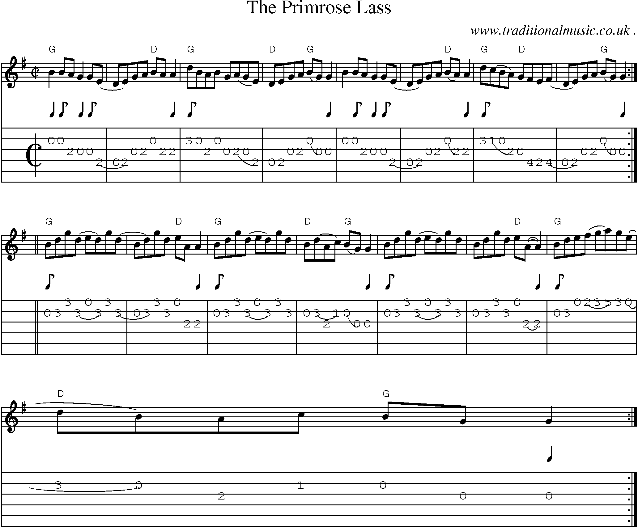 Music Score and Guitar Tabs for The Primrose Lass