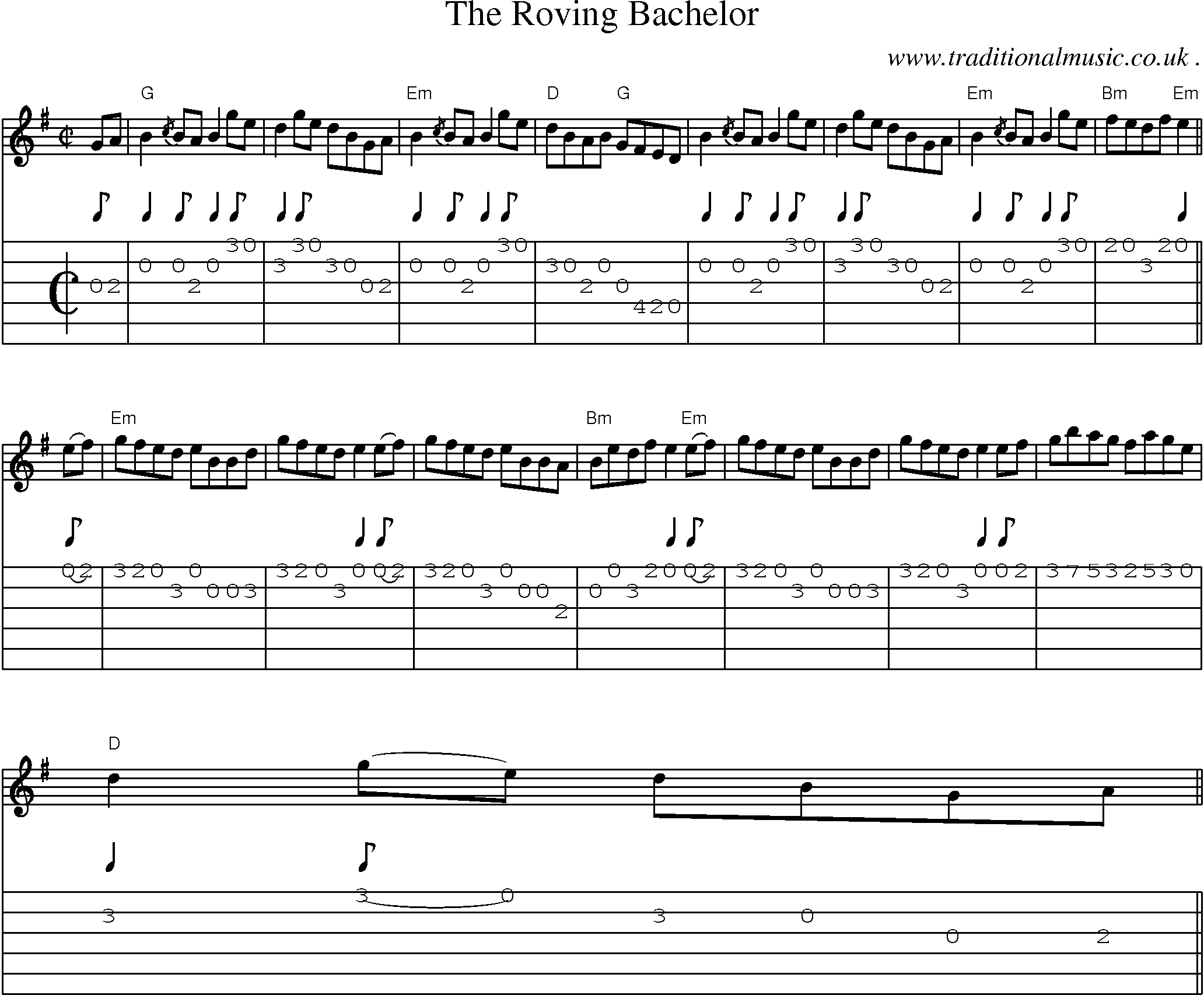 Music Score and Guitar Tabs for The Roving Bachelor